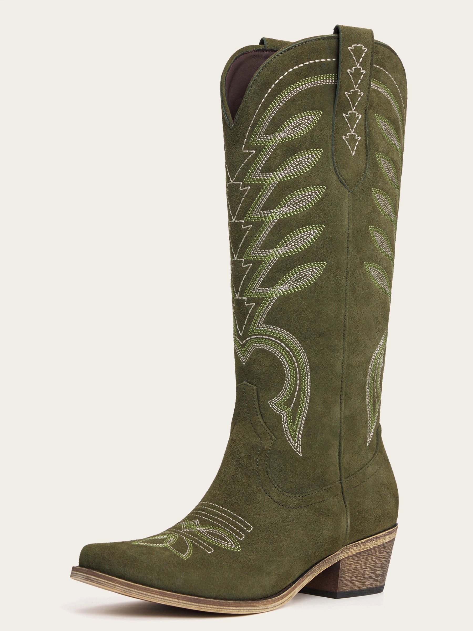 The Meadow: Olive Green Suede Boots with Multi-Tonal Leaf Embroidery