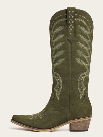 The Meadow: Olive Green Suede Boots with Multi-Tonal Leaf Embroidery