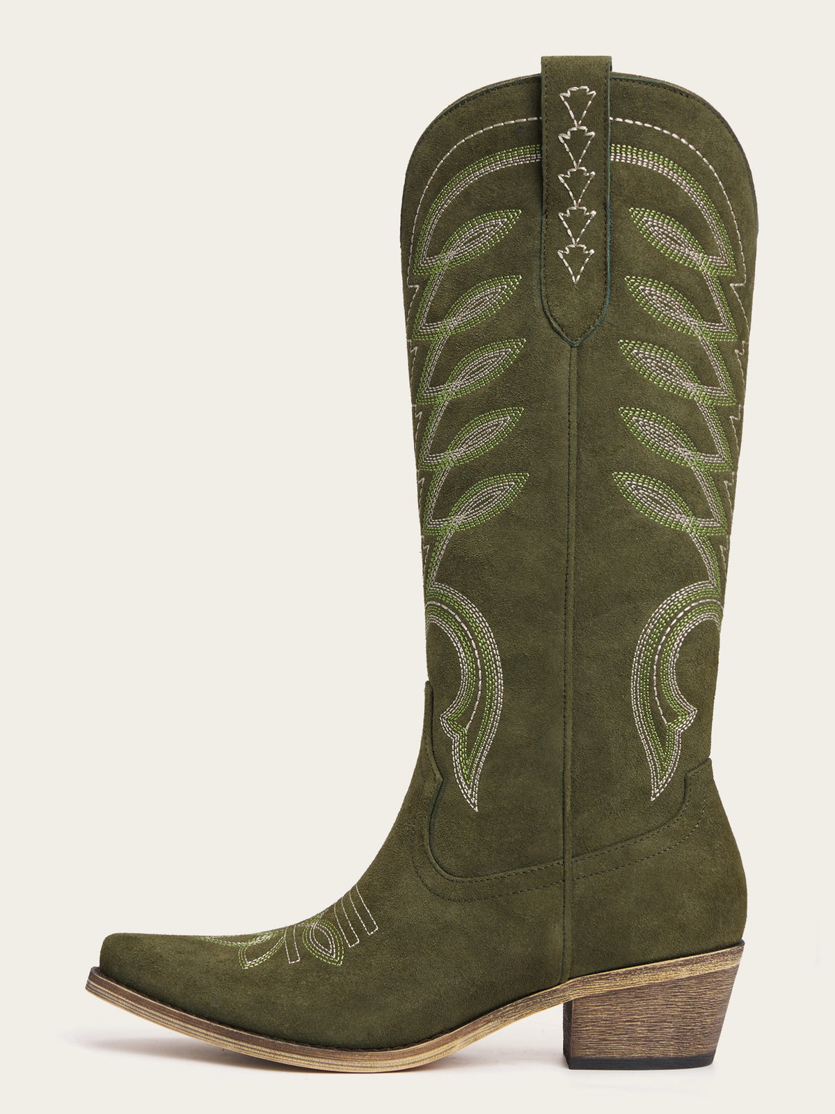 The Meadow: Olive Green Suede Boots with Multi-Tonal Leaf Embroidery