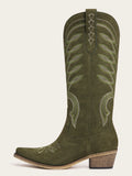 The Meadow: Olive Green Suede Boots with Multi-Tonal Leaf Embroidery