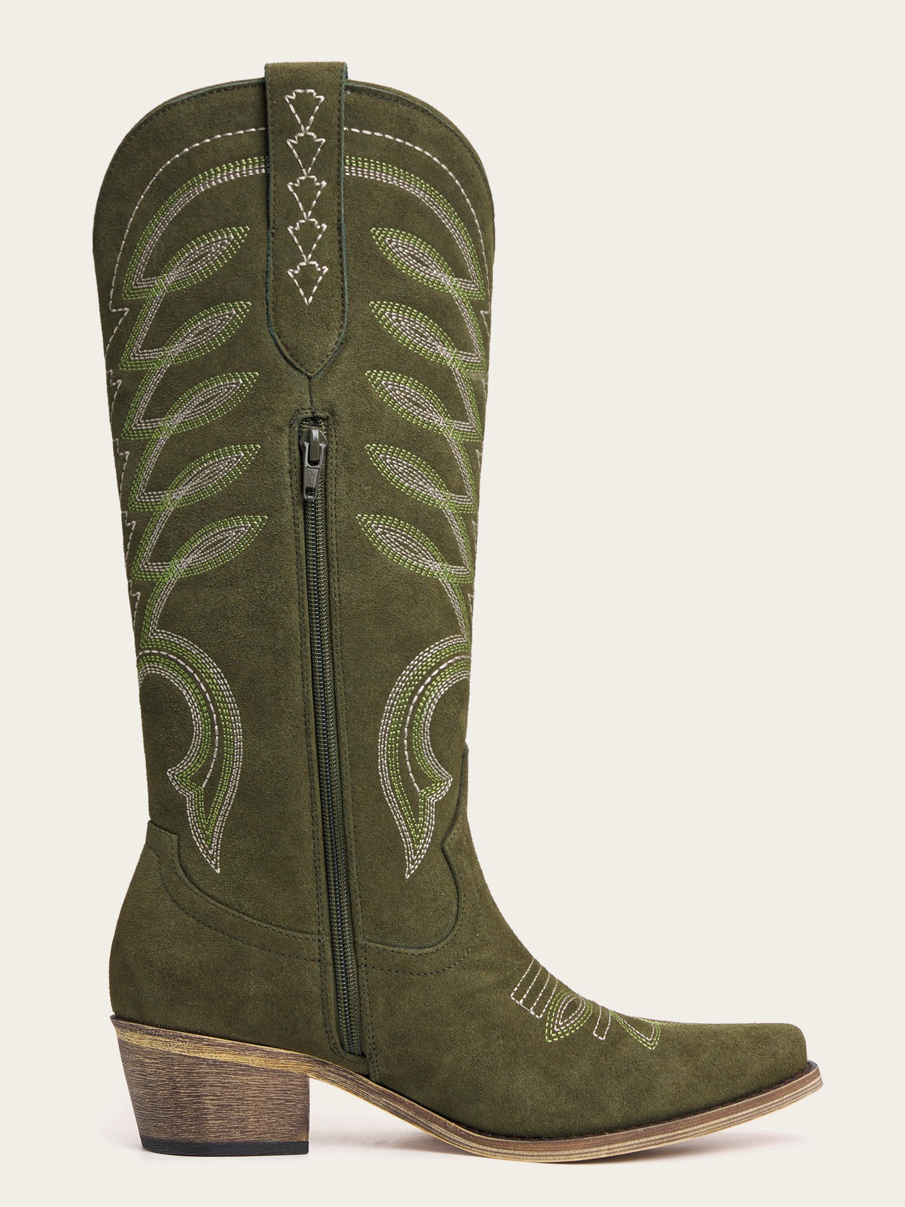 The Meadow: Olive Green Suede Boots with Multi-Tonal Leaf Embroidery