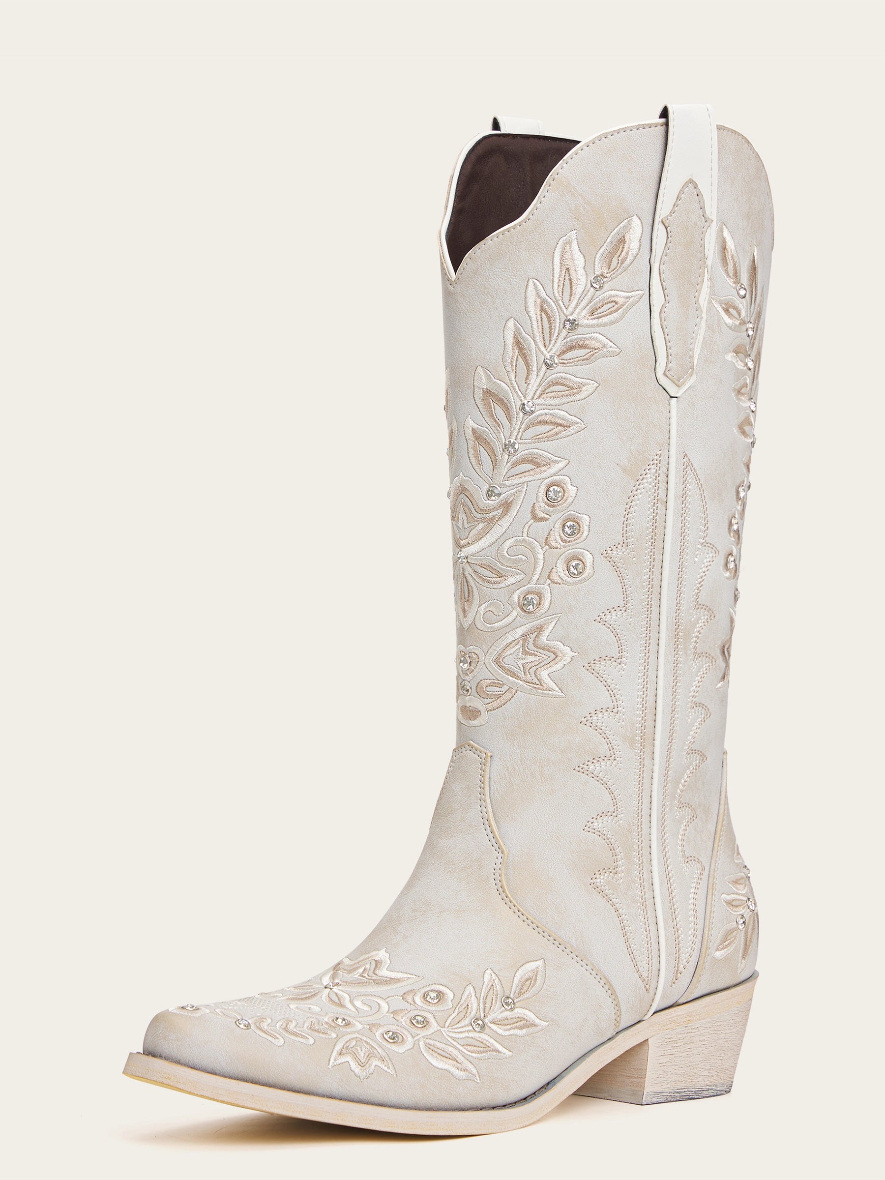 The Ever After: White Boots with Champagne Embroidery & Rhinestones
