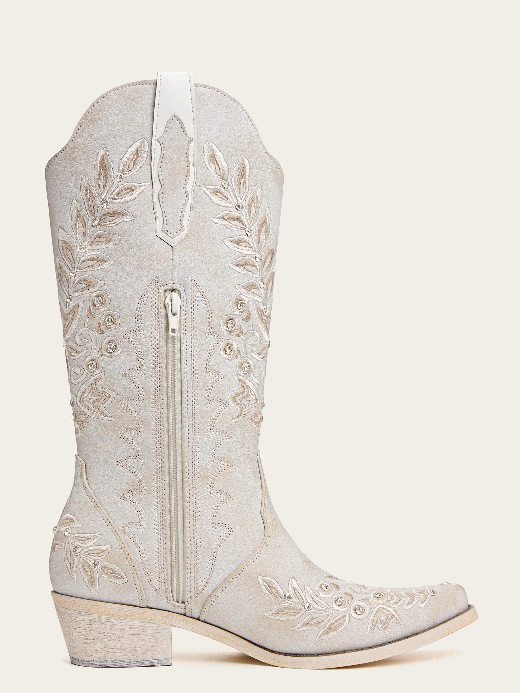 The Ever After: White Boots with Champagne Embroidery & Rhinestones