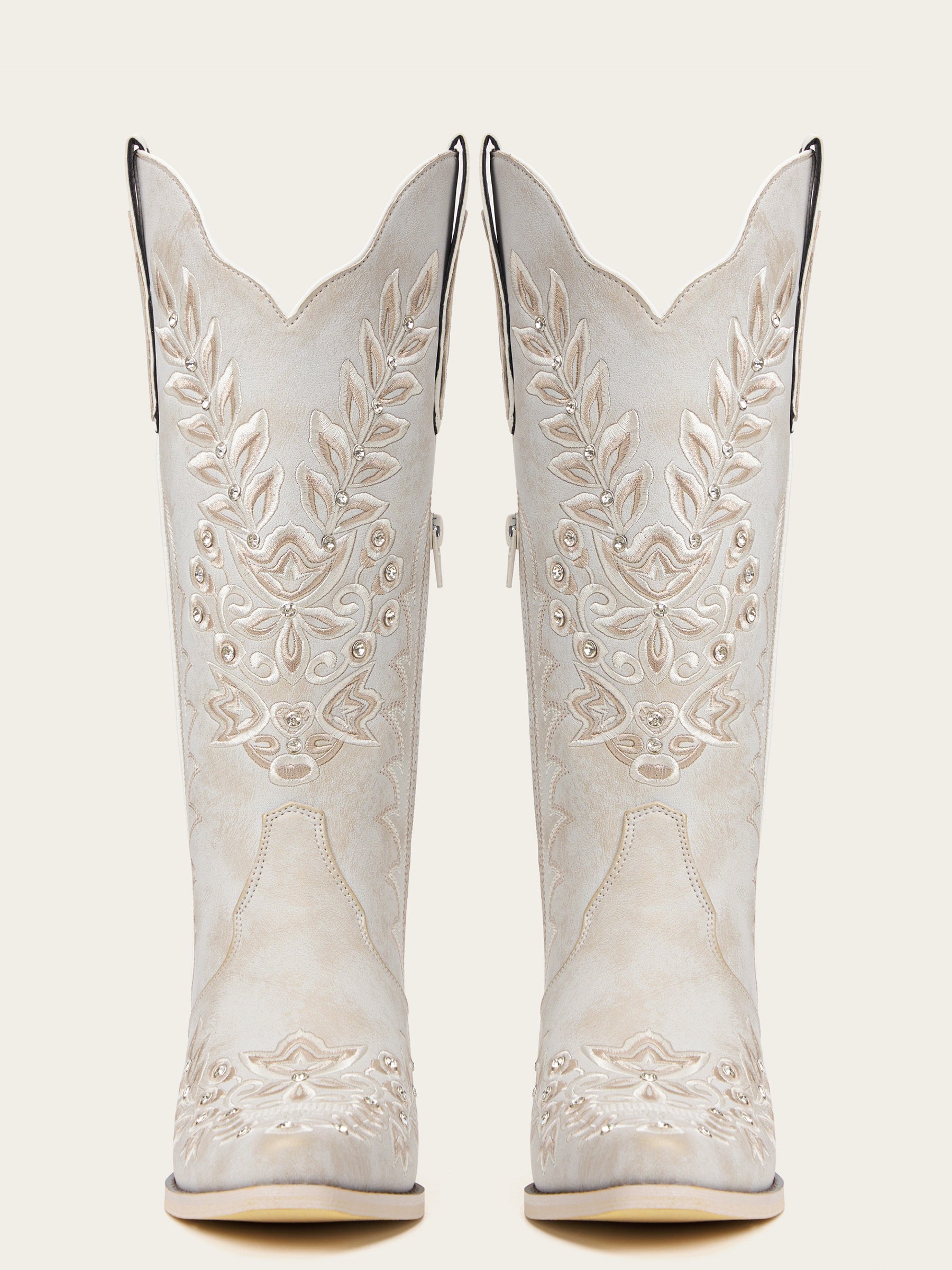 The Ever After: White Boots with Champagne Embroidery & Rhinestones
