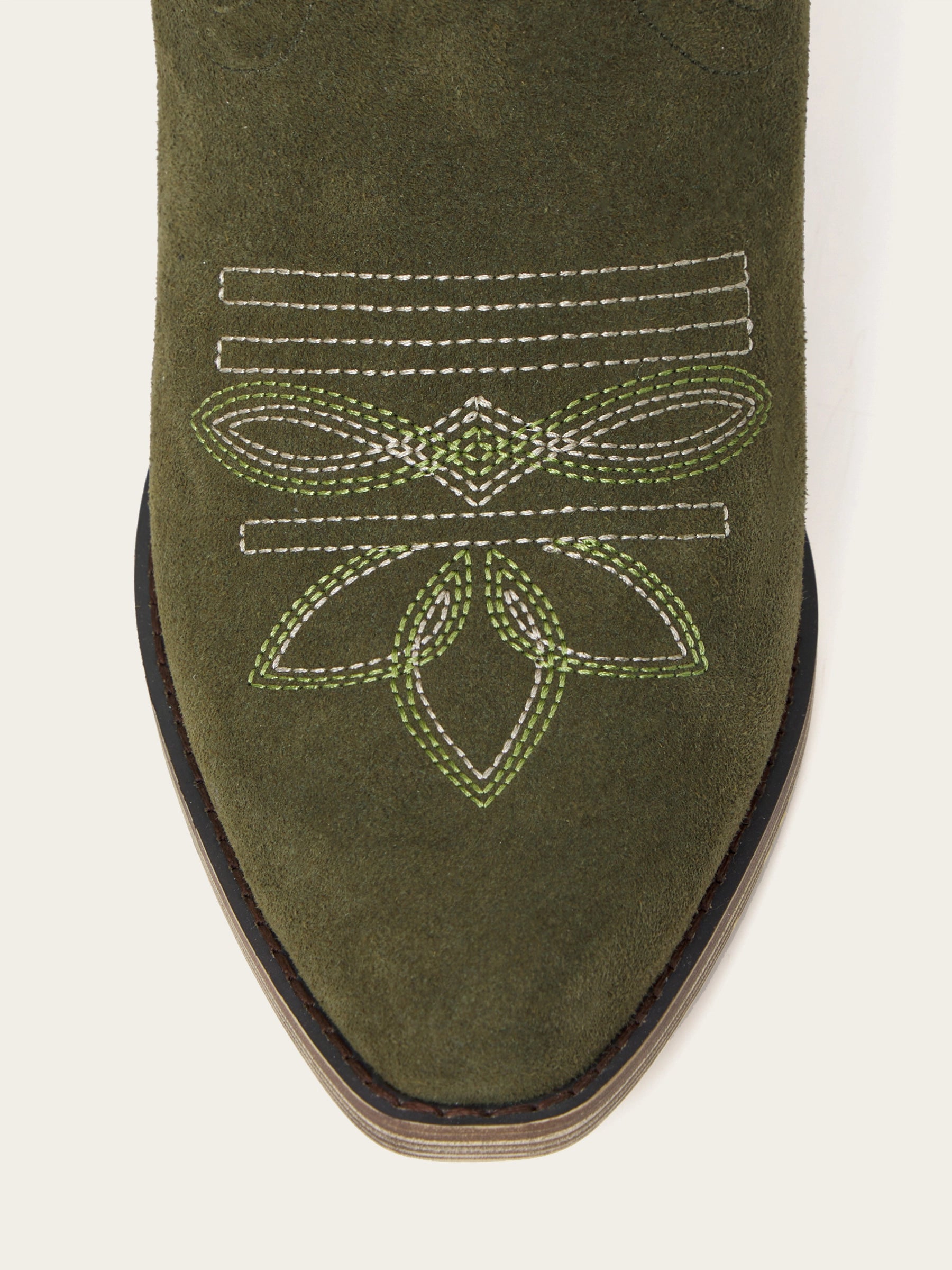 The Meadow: Olive Green Suede Boots with Multi-Tonal Leaf Embroidery