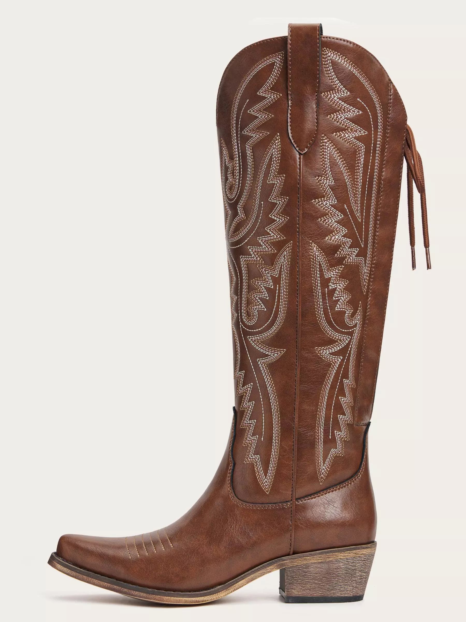 The Savannah: Genuine Leather Knee-High Western Boots in Classic Brown