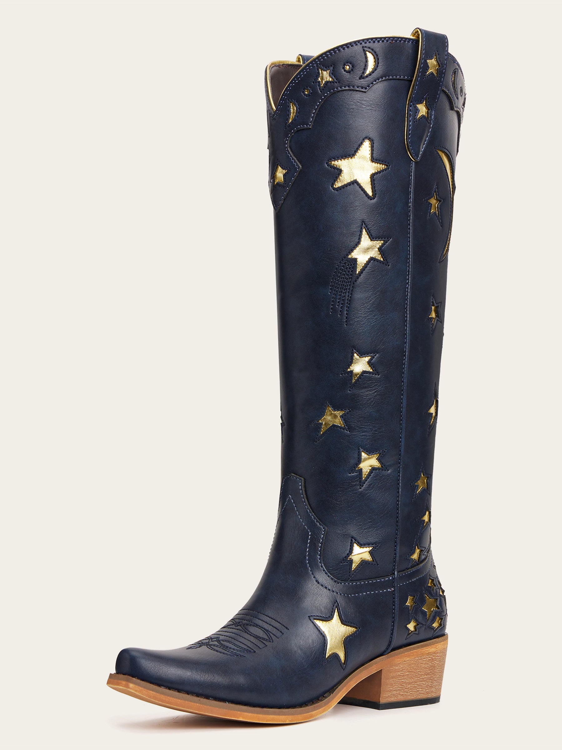 The Cosmic Dreamer: Navy Blue Boots with Gold Star and Moon Inlay Embroidery