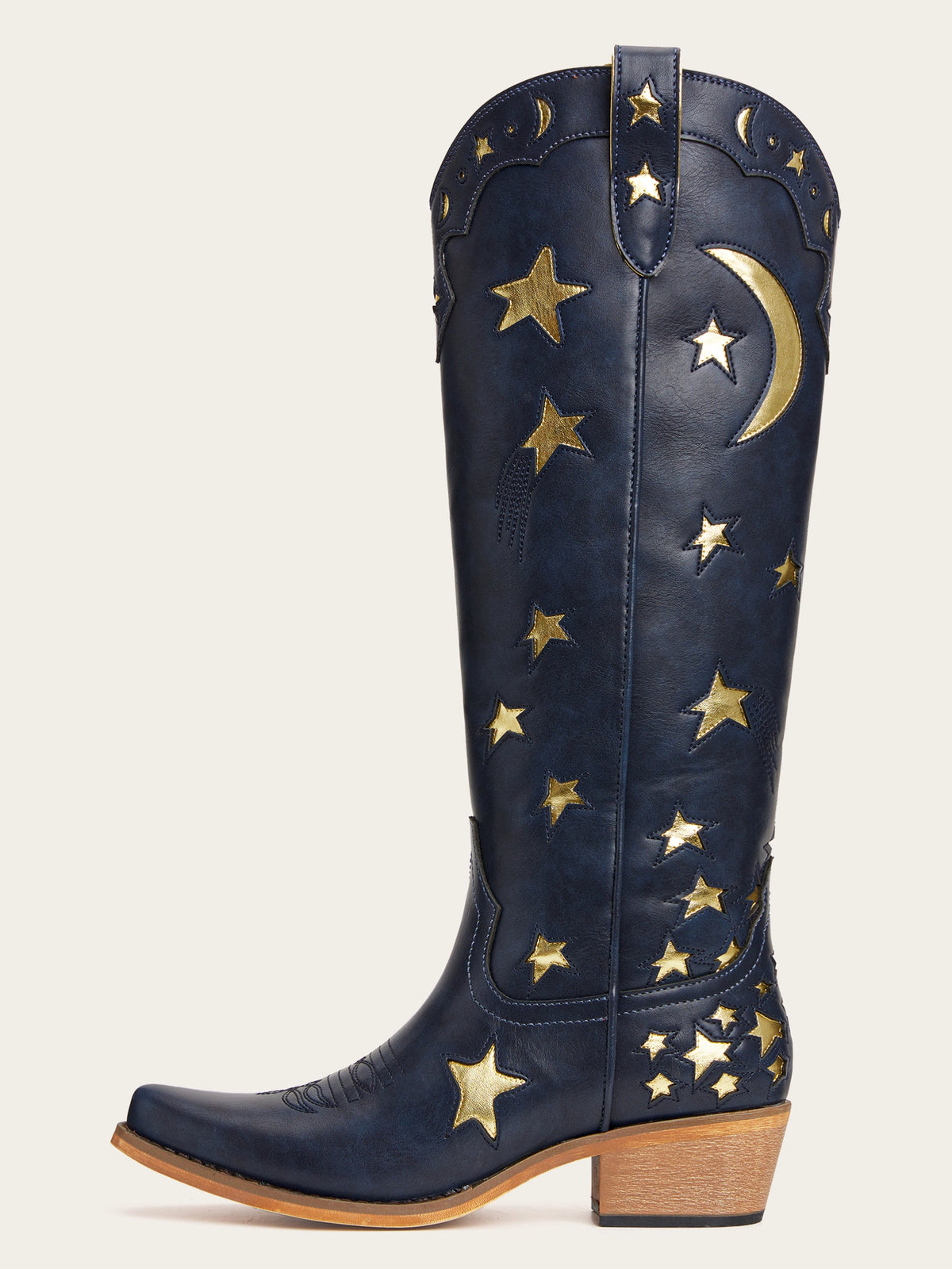 The Cosmic Dreamer: Navy Blue Boots with Gold Star and Moon Inlay Embroidery