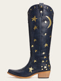 The Cosmic Dreamer: Navy Blue Boots with Gold Star and Moon Inlay Embroidery