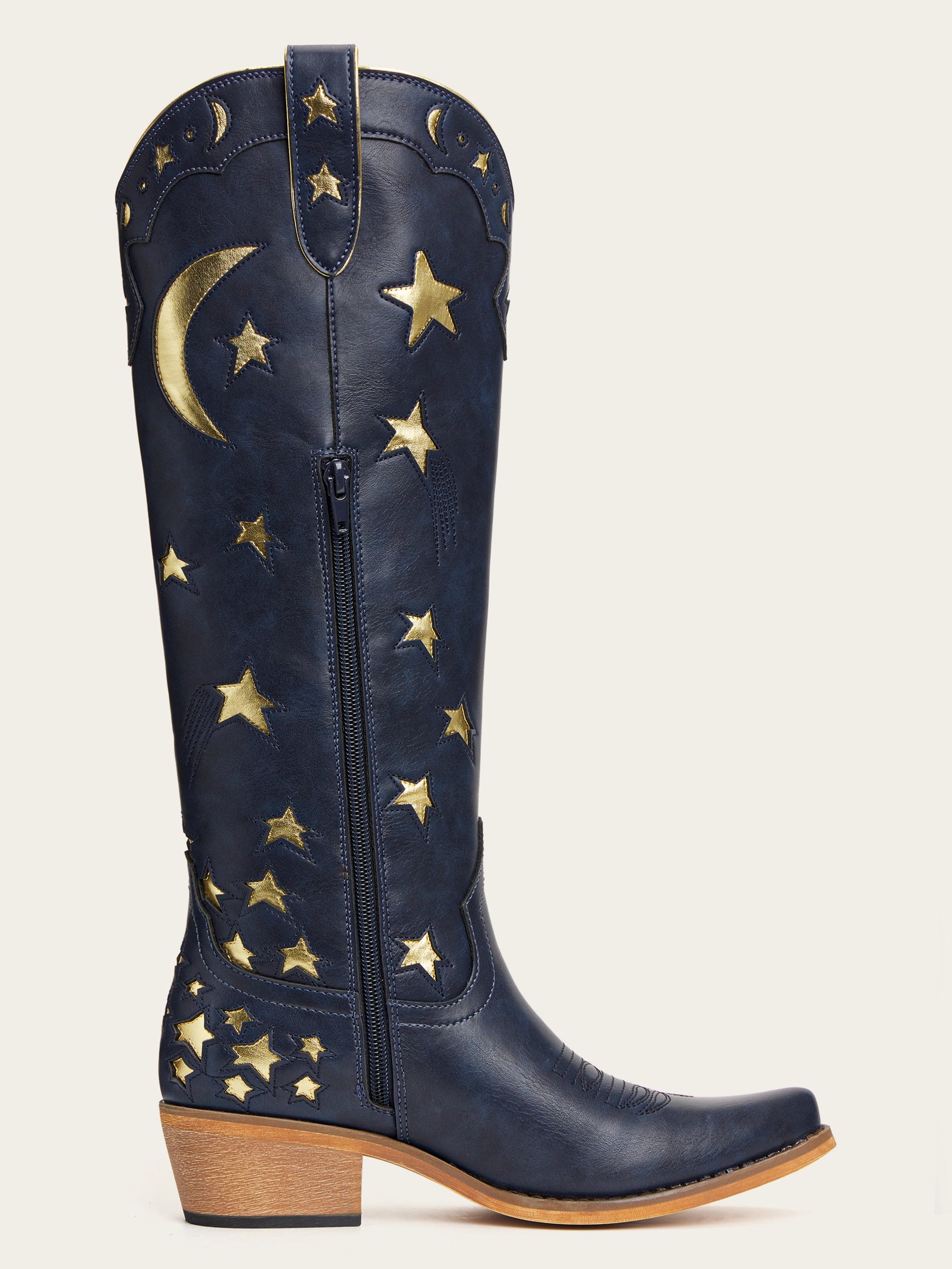 The Cosmic Dreamer: Navy Blue Boots with Gold Star and Moon Inlay Embroidery