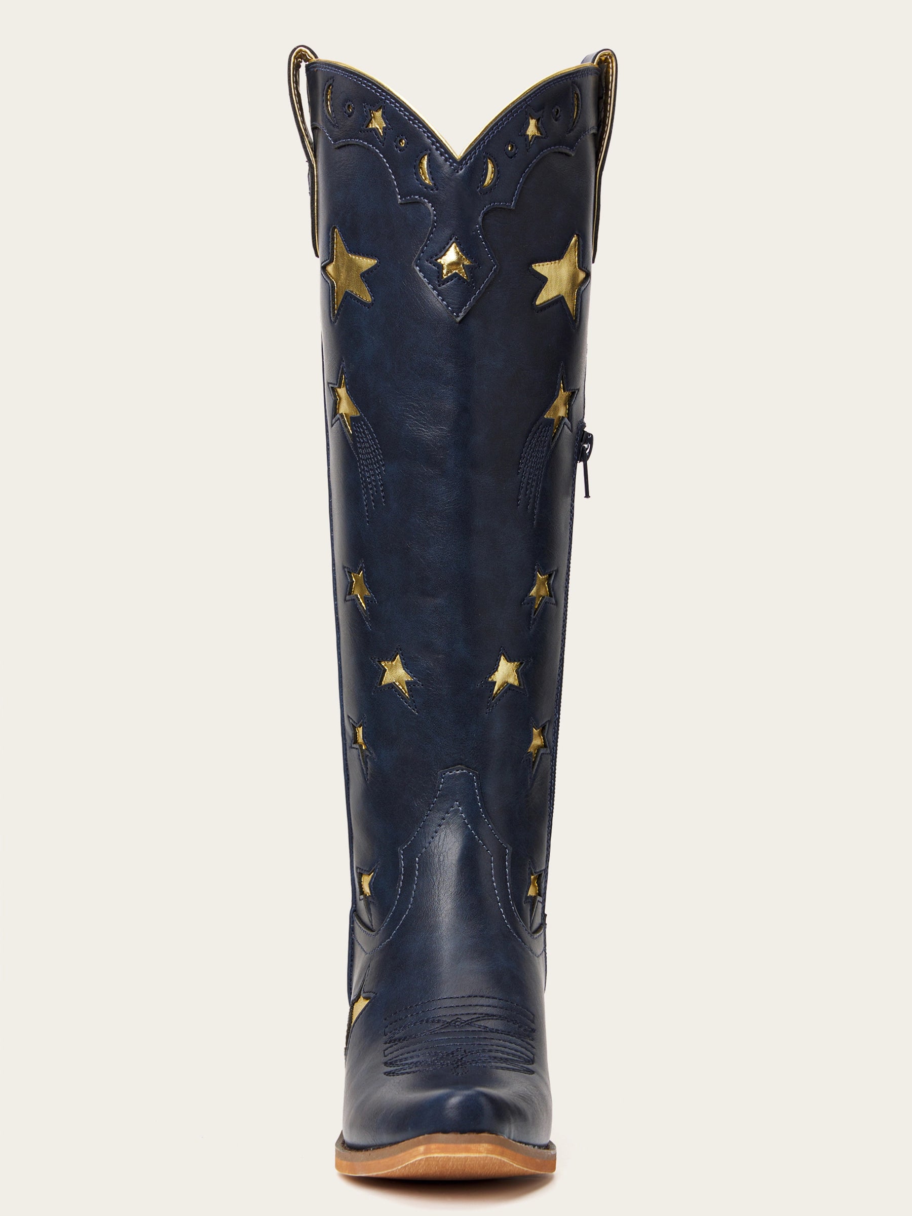The Cosmic Dreamer: Navy Blue Boots with Gold Star and Moon Inlay Embroidery