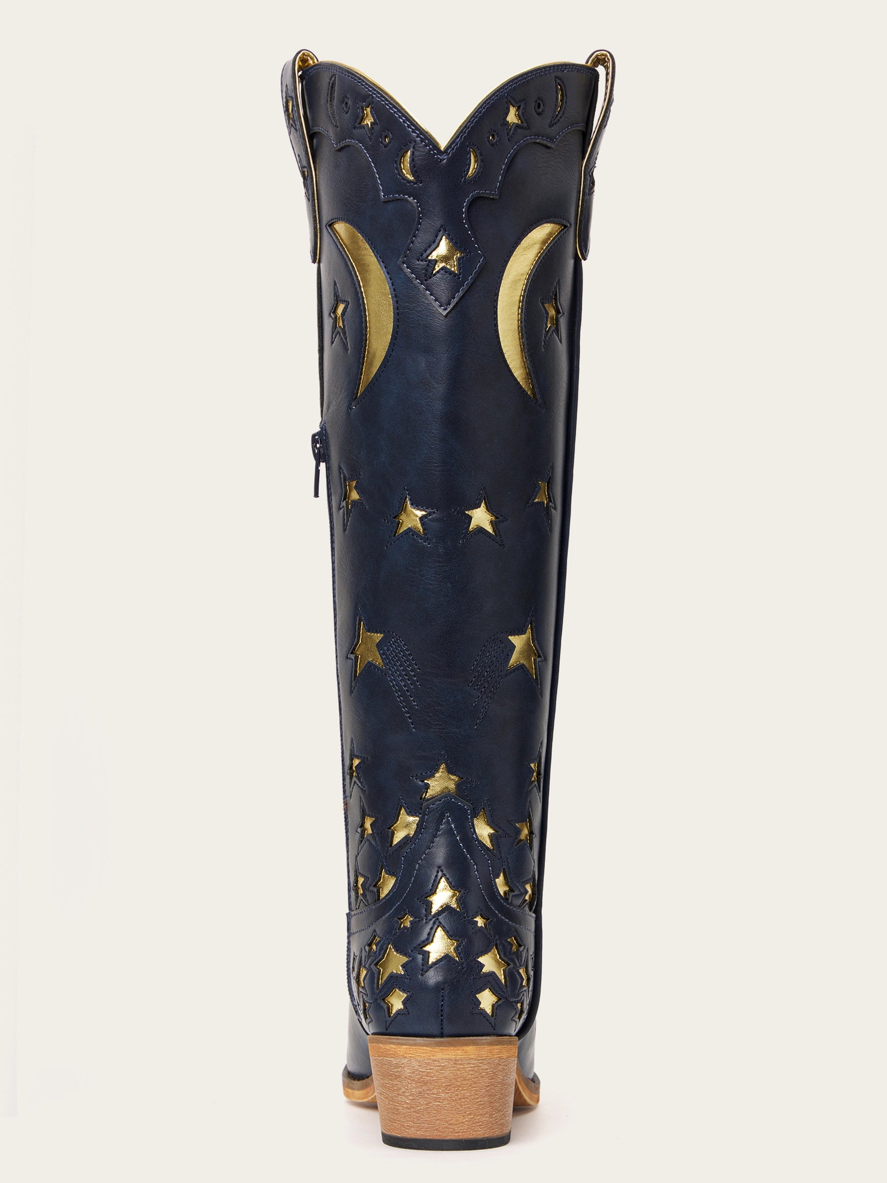The Cosmic Dreamer: Navy Blue Boots with Gold Star and Moon Inlay Embroidery