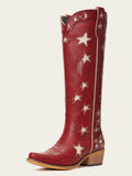 The Cosmic Dreamer: Vintage Red Boots with White Celestial Embroidery Stars and Moons
