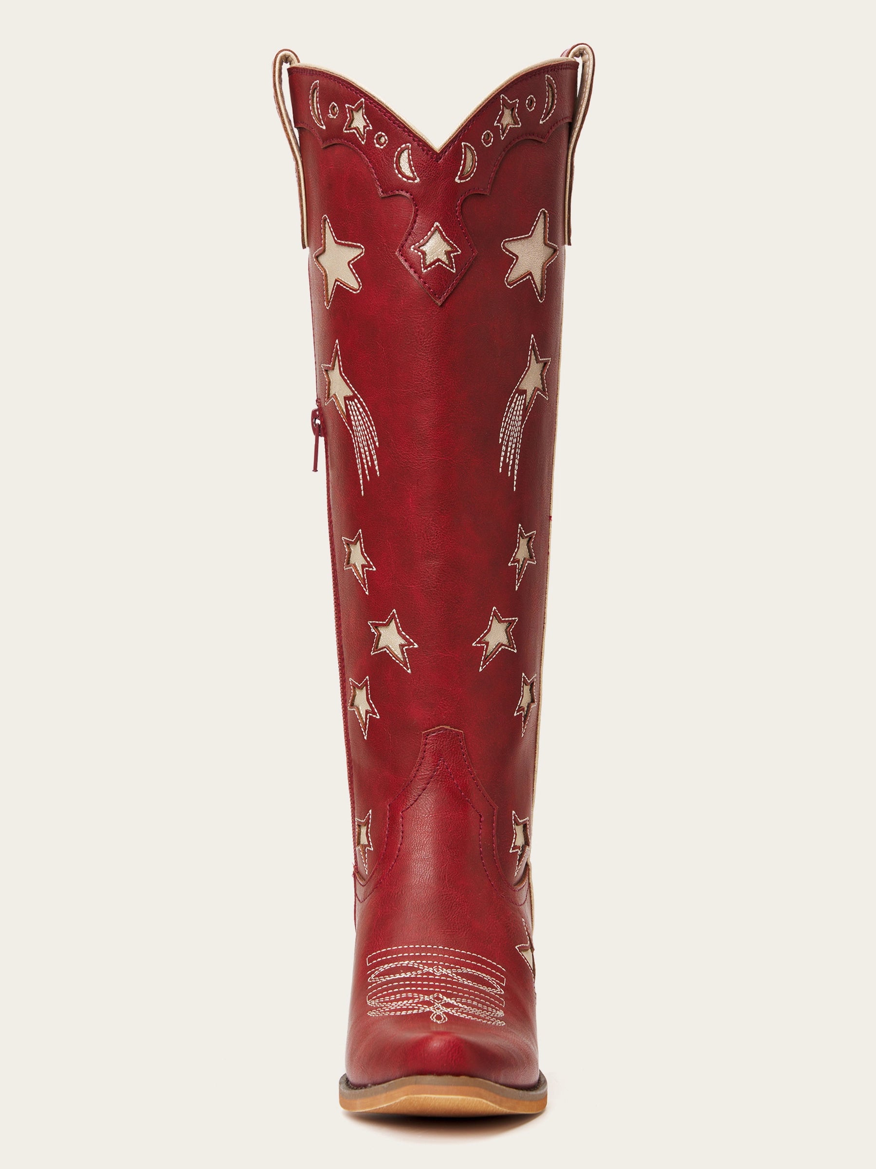 The Cosmic Dreamer: Vintage Red Boots with White Celestial Embroidery Stars and Moons