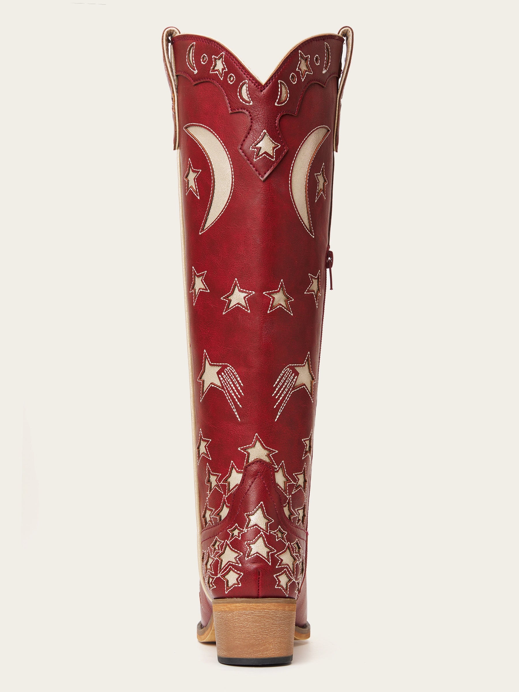 The Cosmic Dreamer: Vintage Red Boots with White Celestial Embroidery Stars and Moons