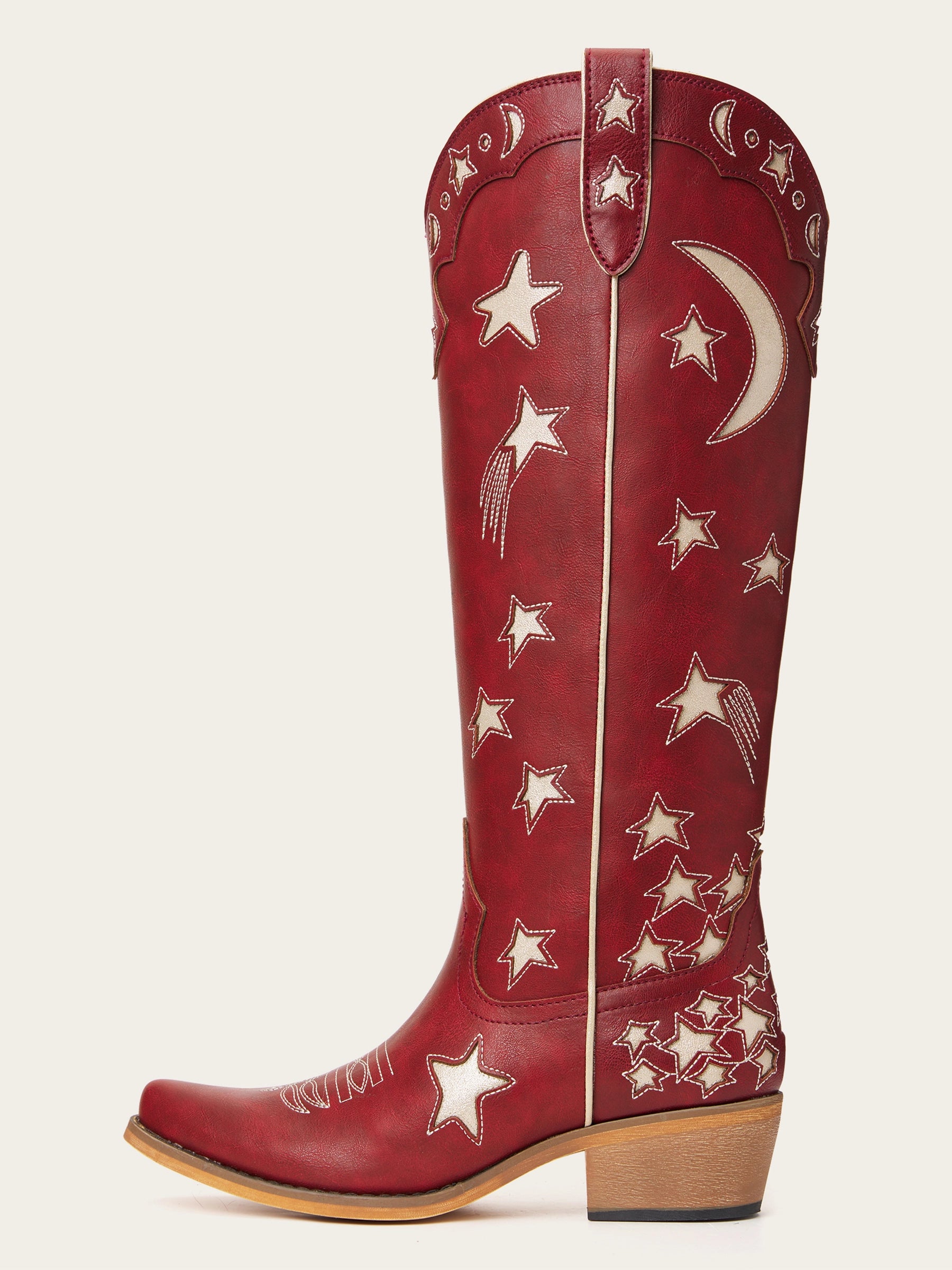 The Cosmic Dreamer: Vintage Red Boots with White Celestial Embroidery Stars and Moons