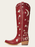 The Cosmic Dreamer: Vintage Red Boots with White Celestial Embroidery Stars and Moons