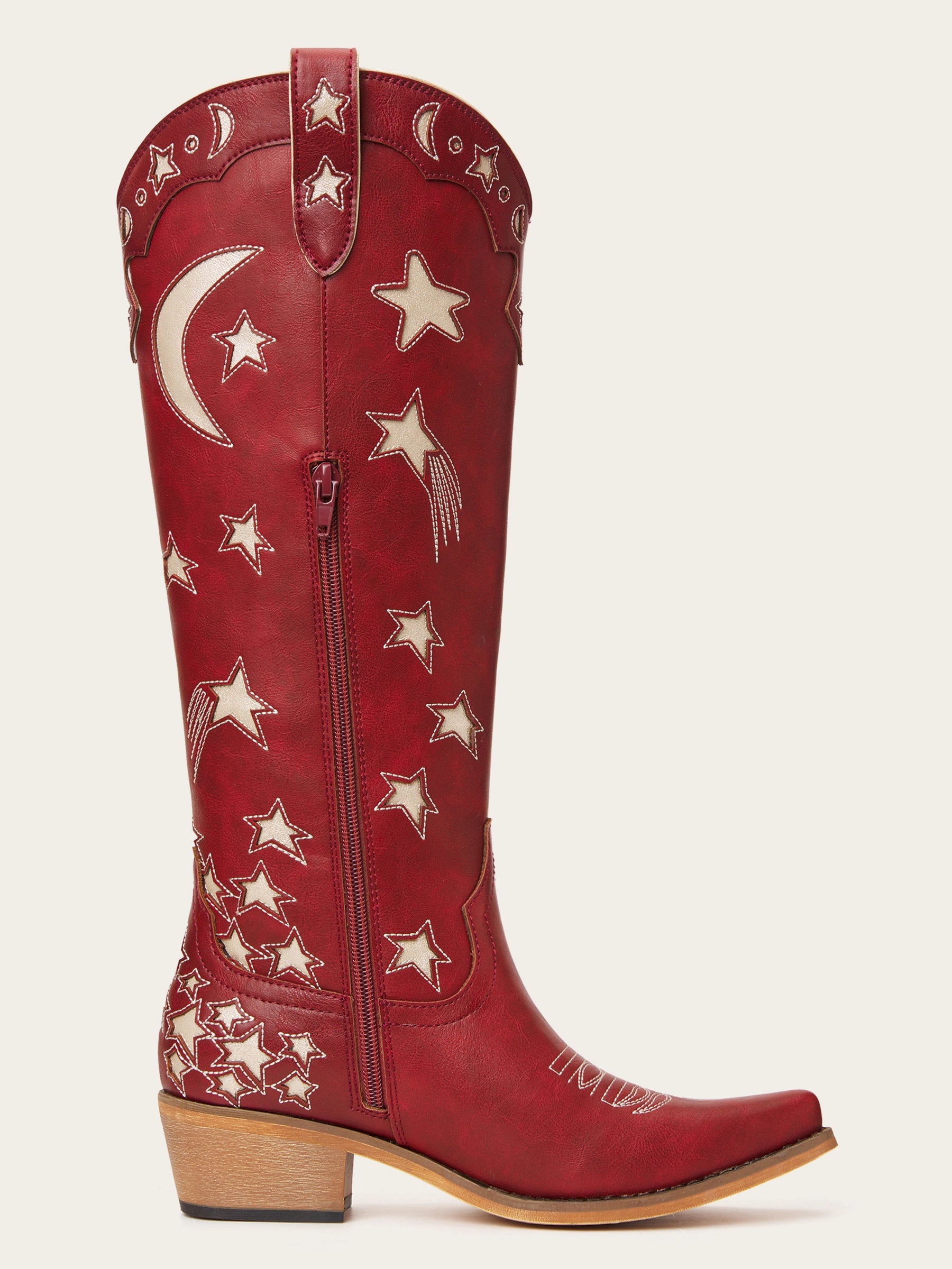 The Cosmic Dreamer: Vintage Red Boots with White Celestial Embroidery Stars and Moons