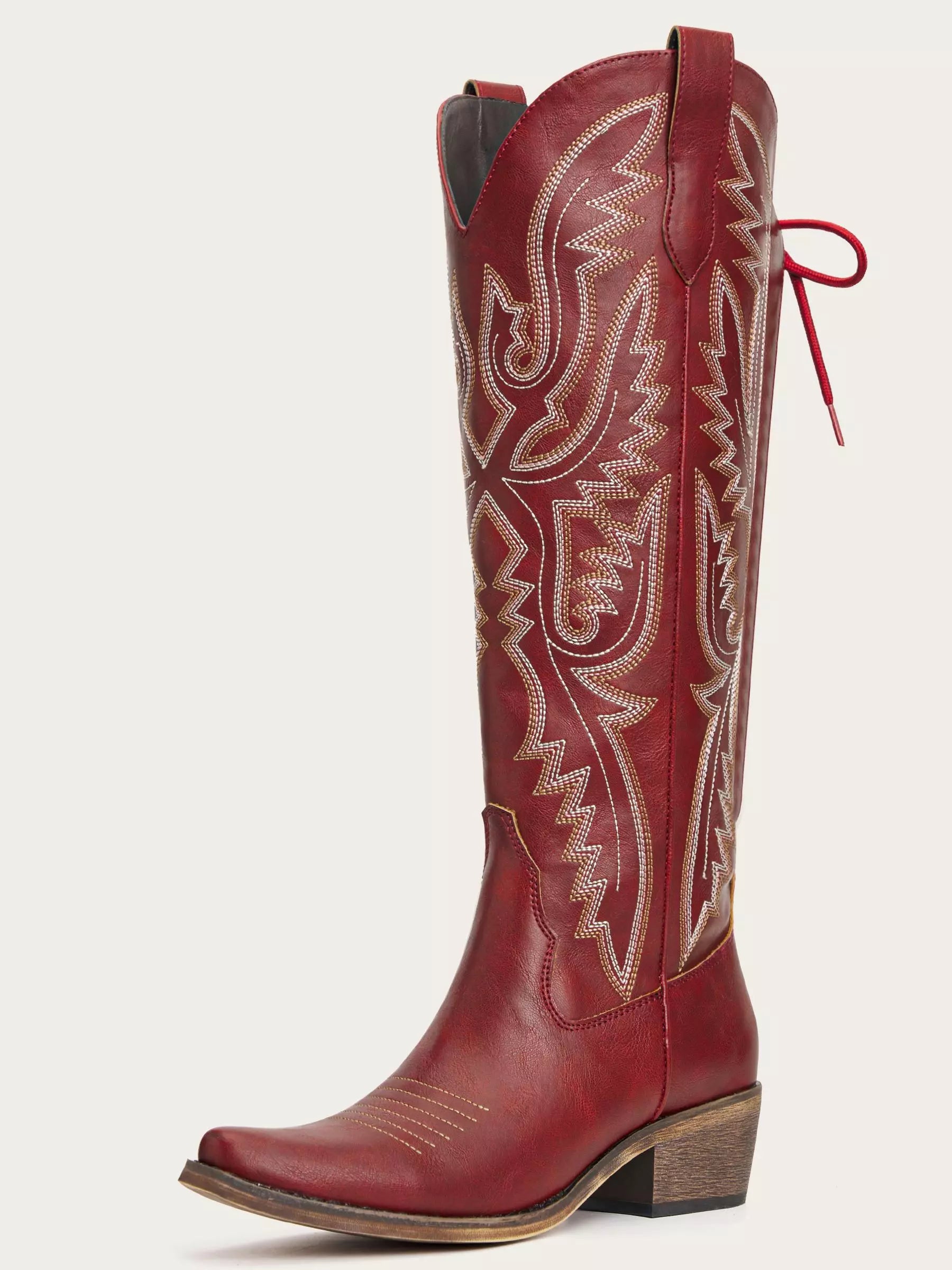The Savannah: Knee-High Western Boots in Vintage Red with Lace-Up Detail