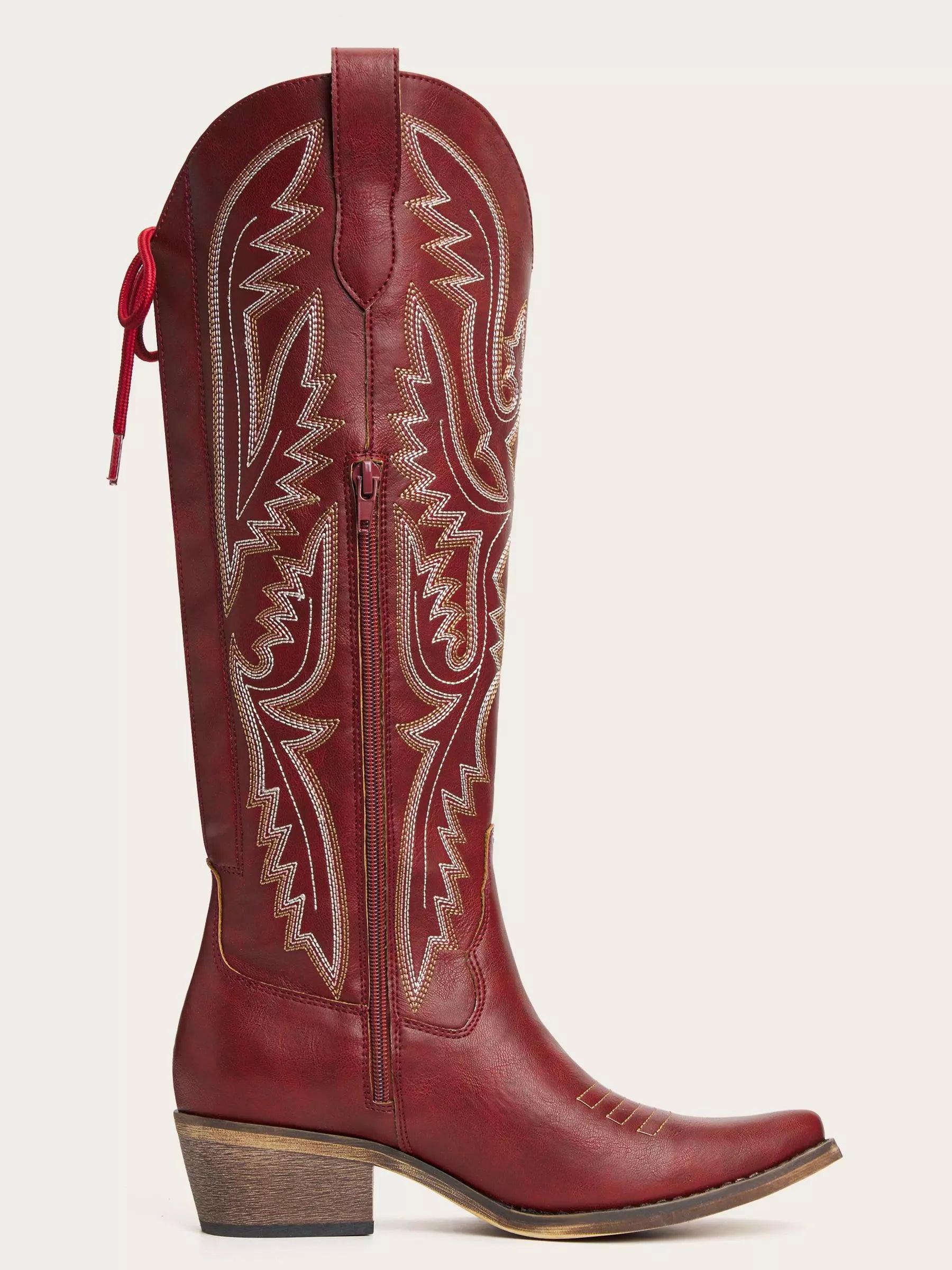 The Savannah: Knee-High Western Boots in Vintage Red with Lace-Up Detail