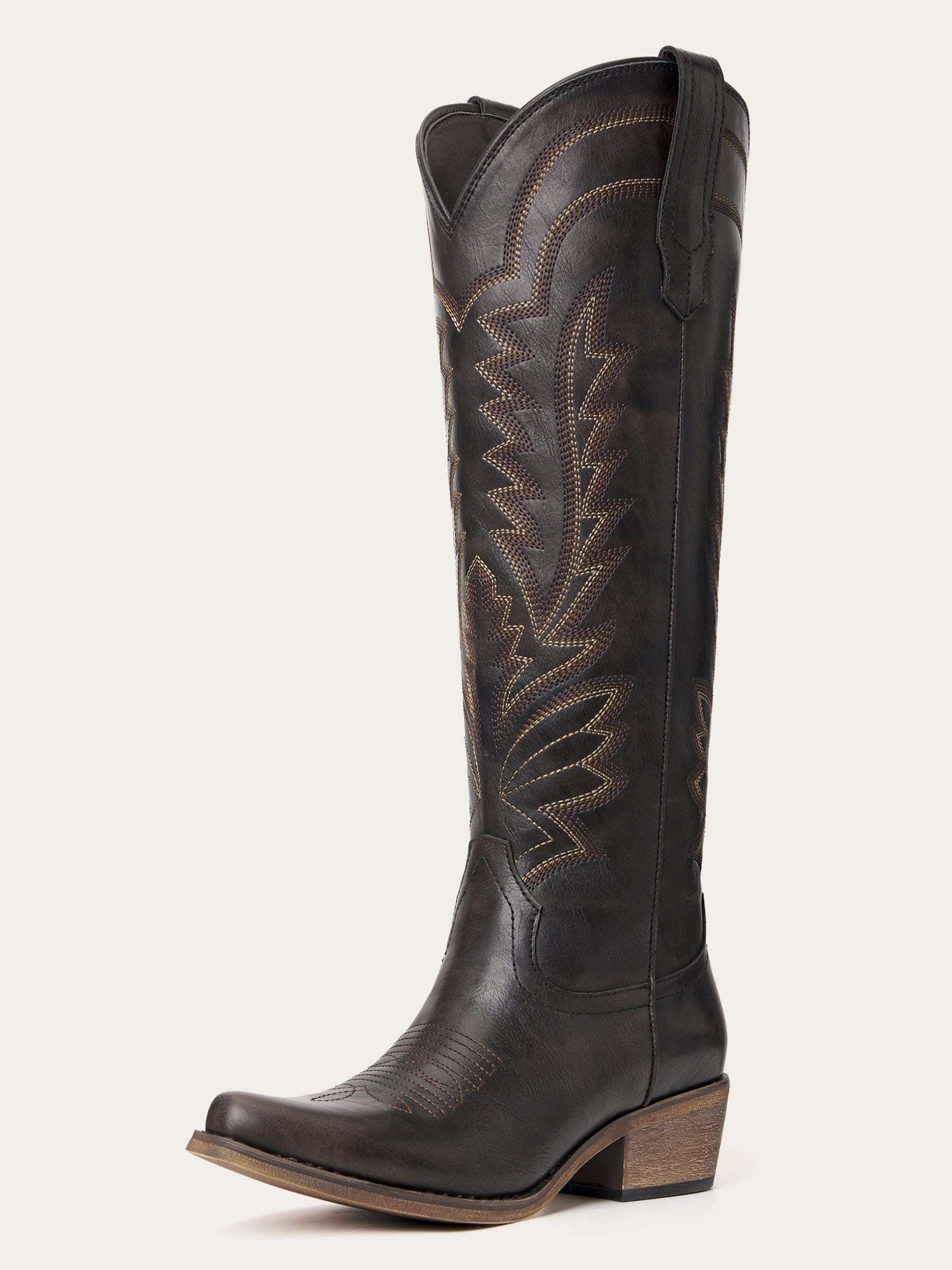 The Legacy: Distressed Black Knee-High Western Boots with a Snip Toe