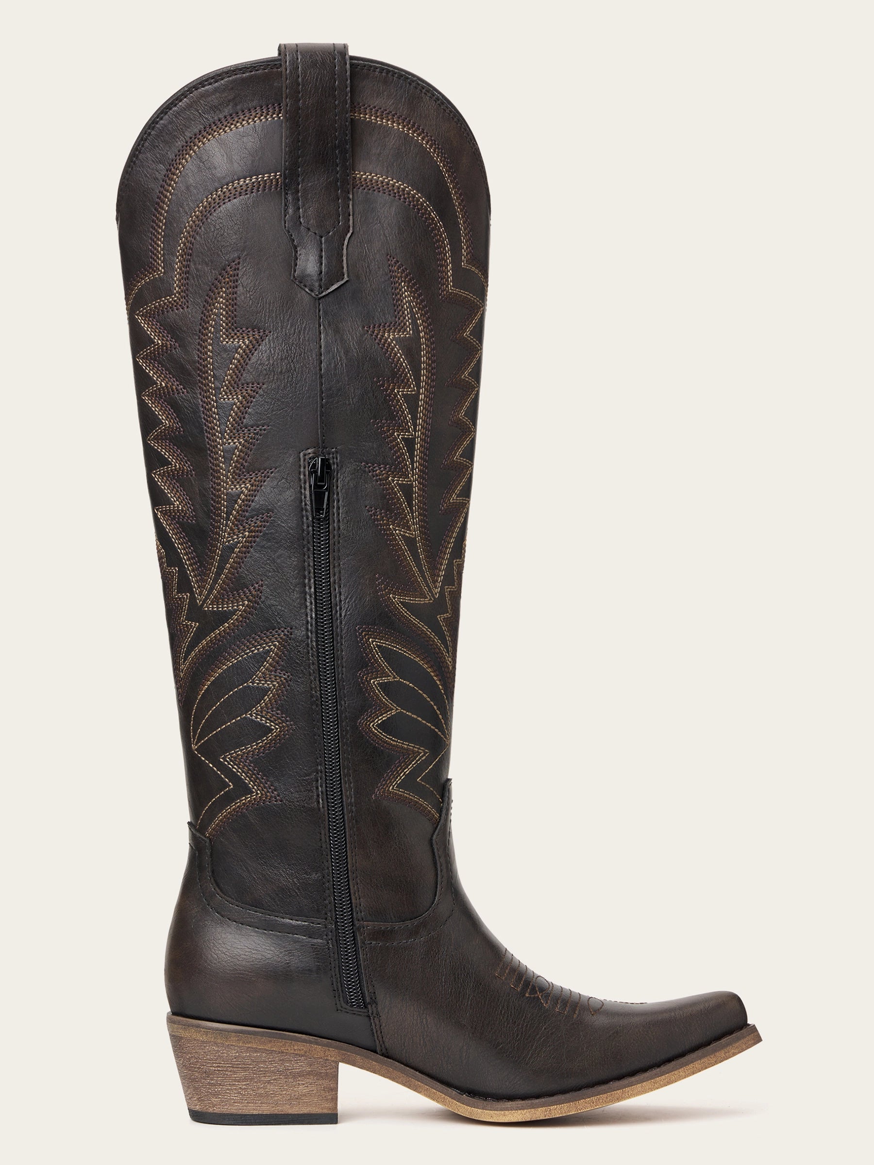 The Legacy: Distressed Black Knee-High Western Boots with a Snip Toe