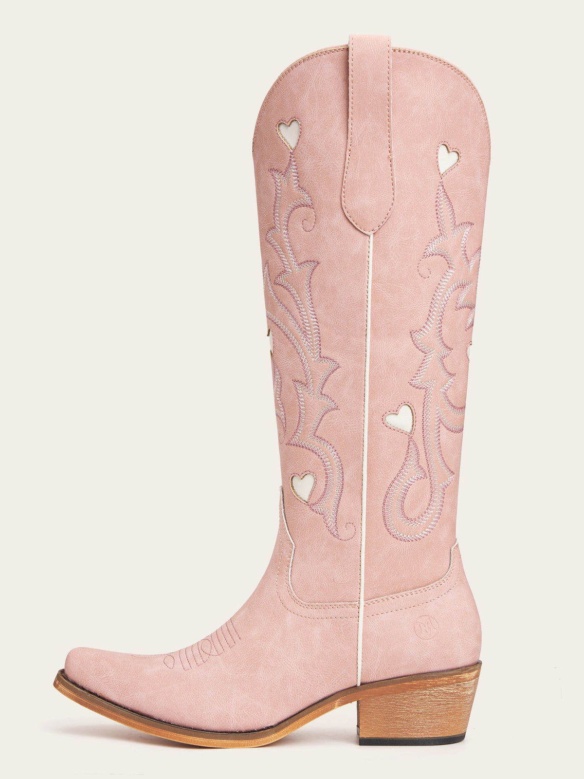 The Queen of Hearts: Blush Pink Boots with White Heart Inlays & Embroidery