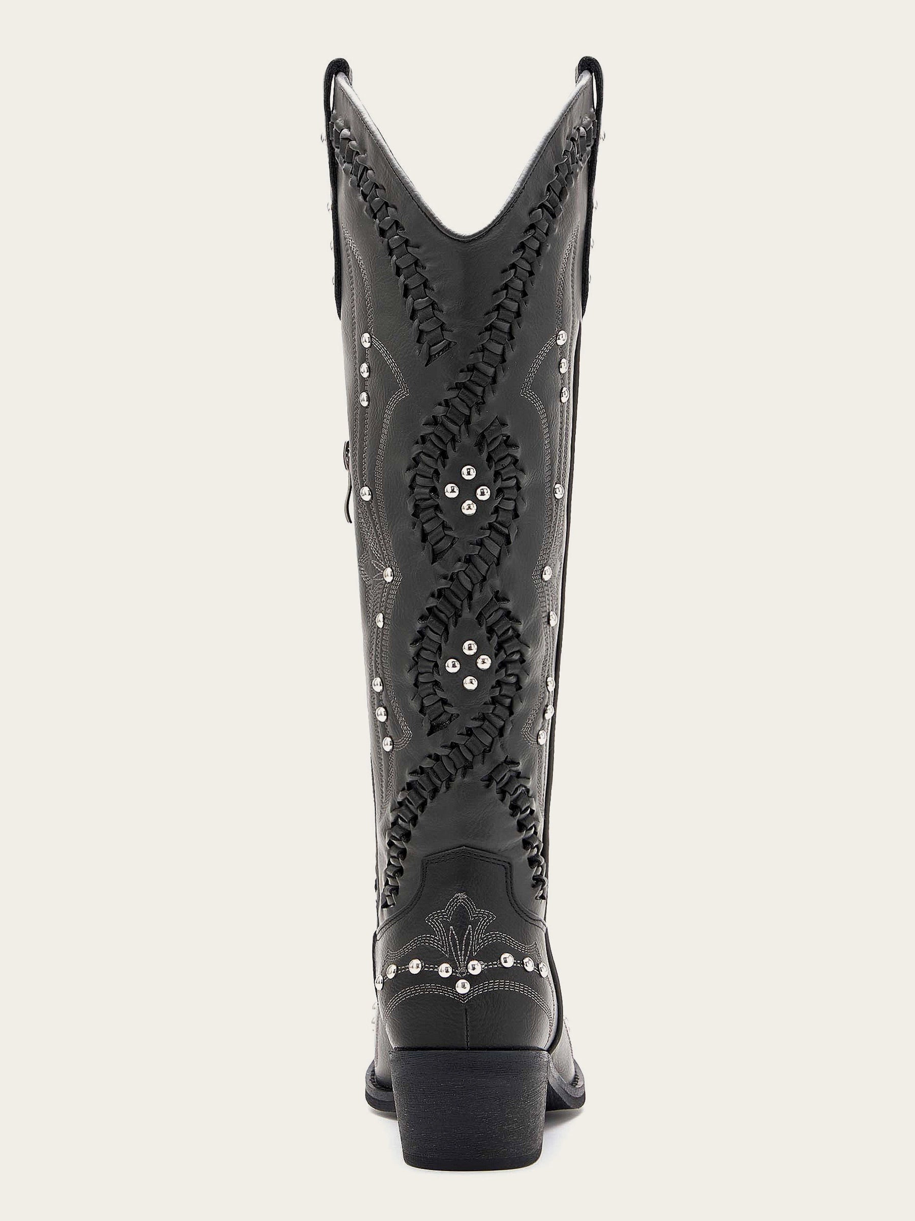 The Renegade: Black Studded Western Boots with Whipstitch Detail