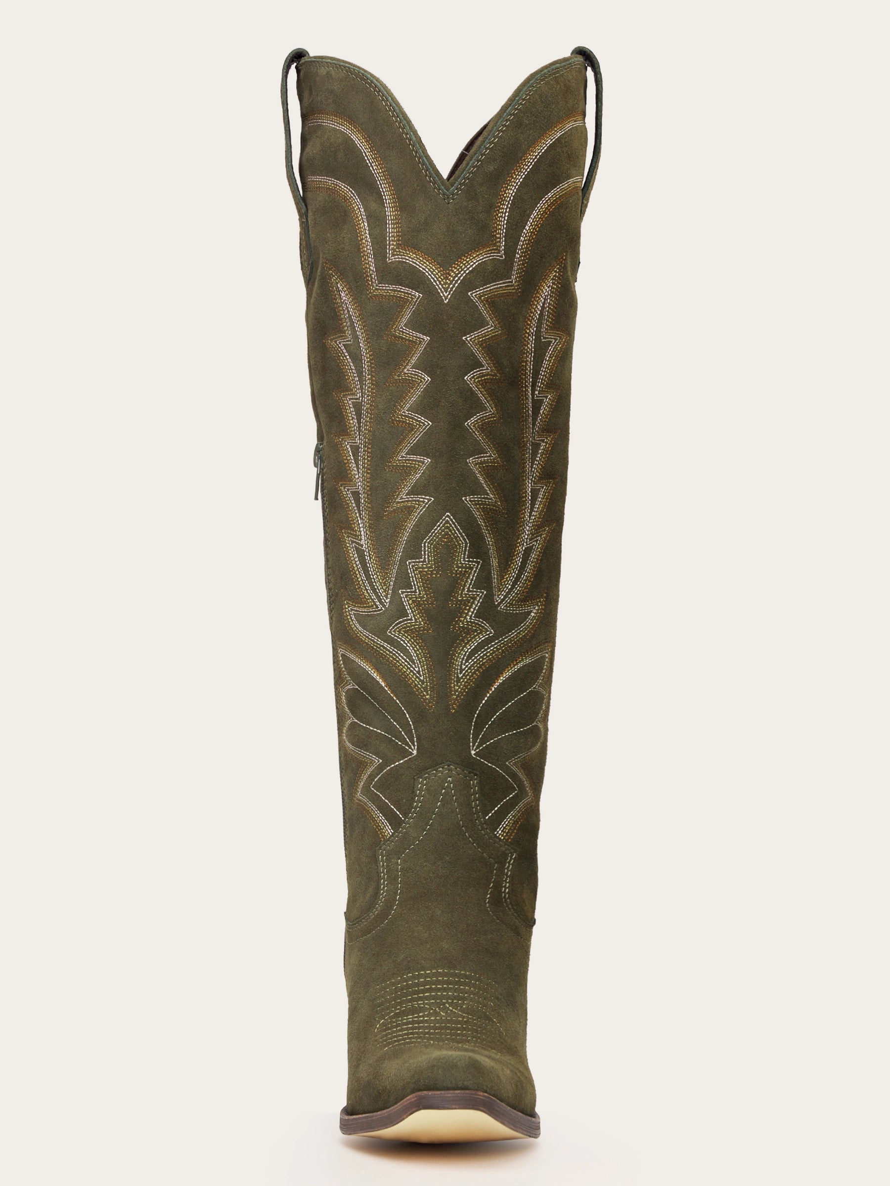 The Legacy: Olive Green Suede-Finish Boots with Intricate Embroidery