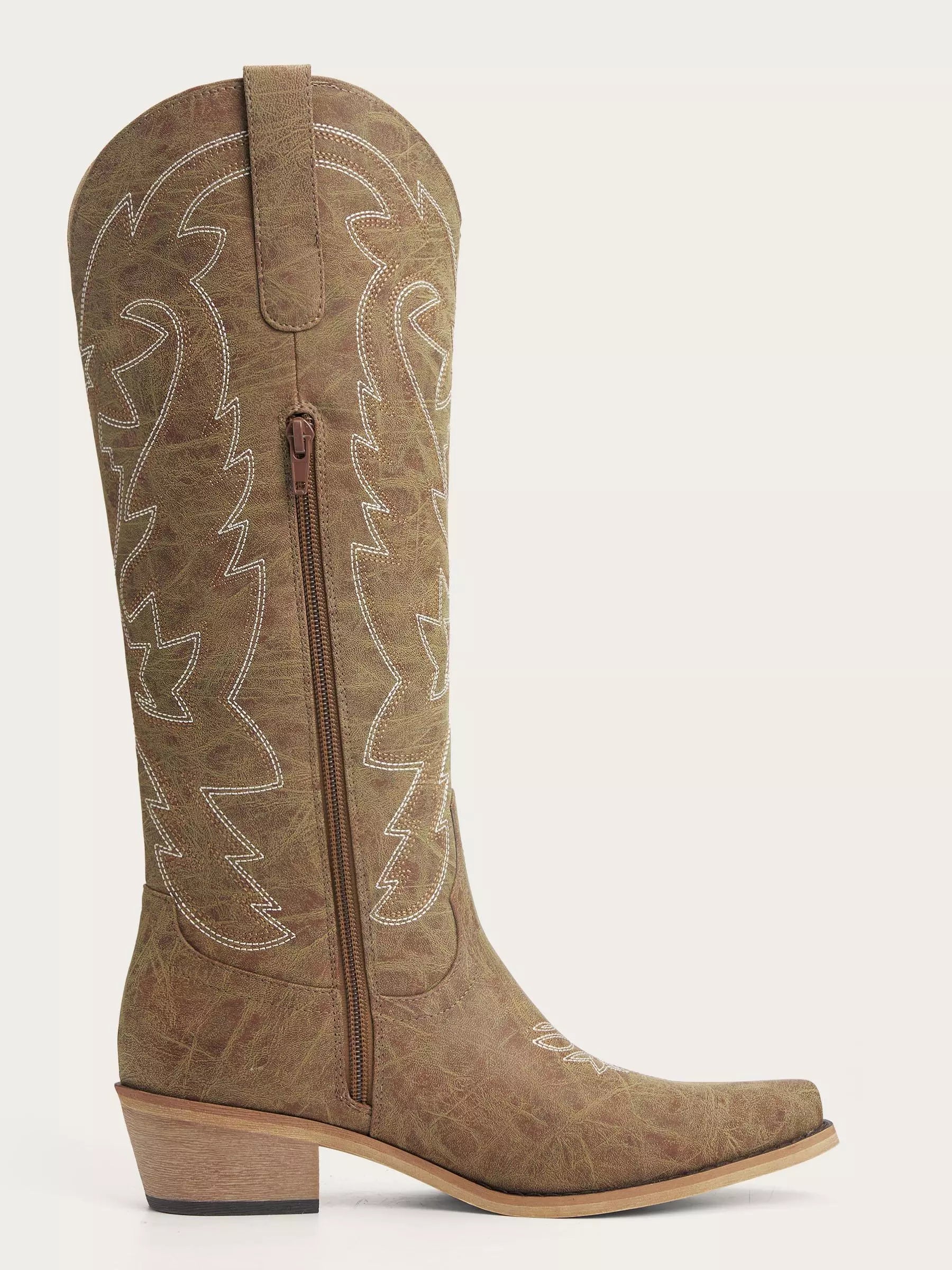The Aspen: Knee-High Western Boots in Distressed Taupe Brown