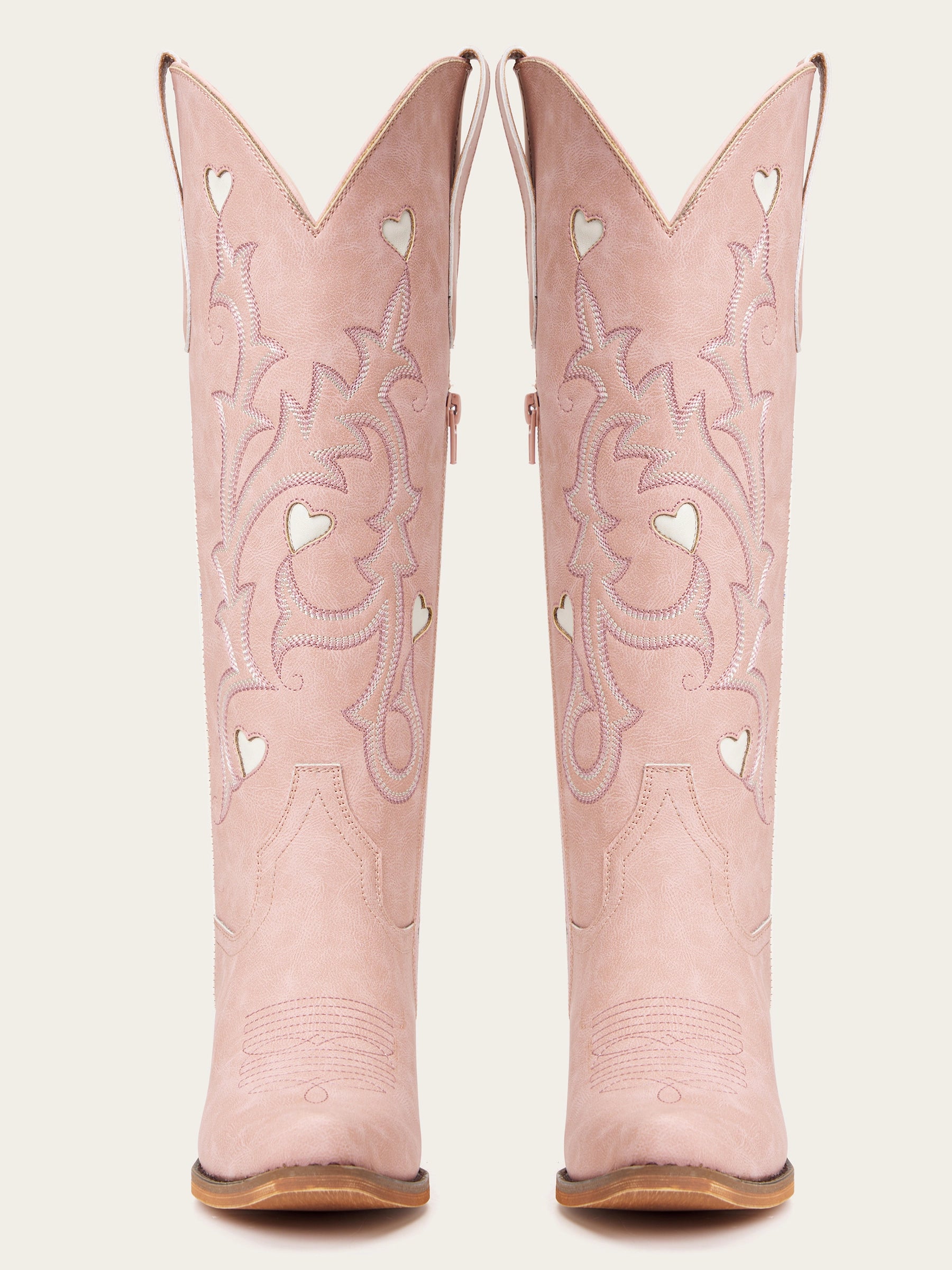 The Queen of Hearts: Blush Pink Boots with White Heart Inlays & Embroidery