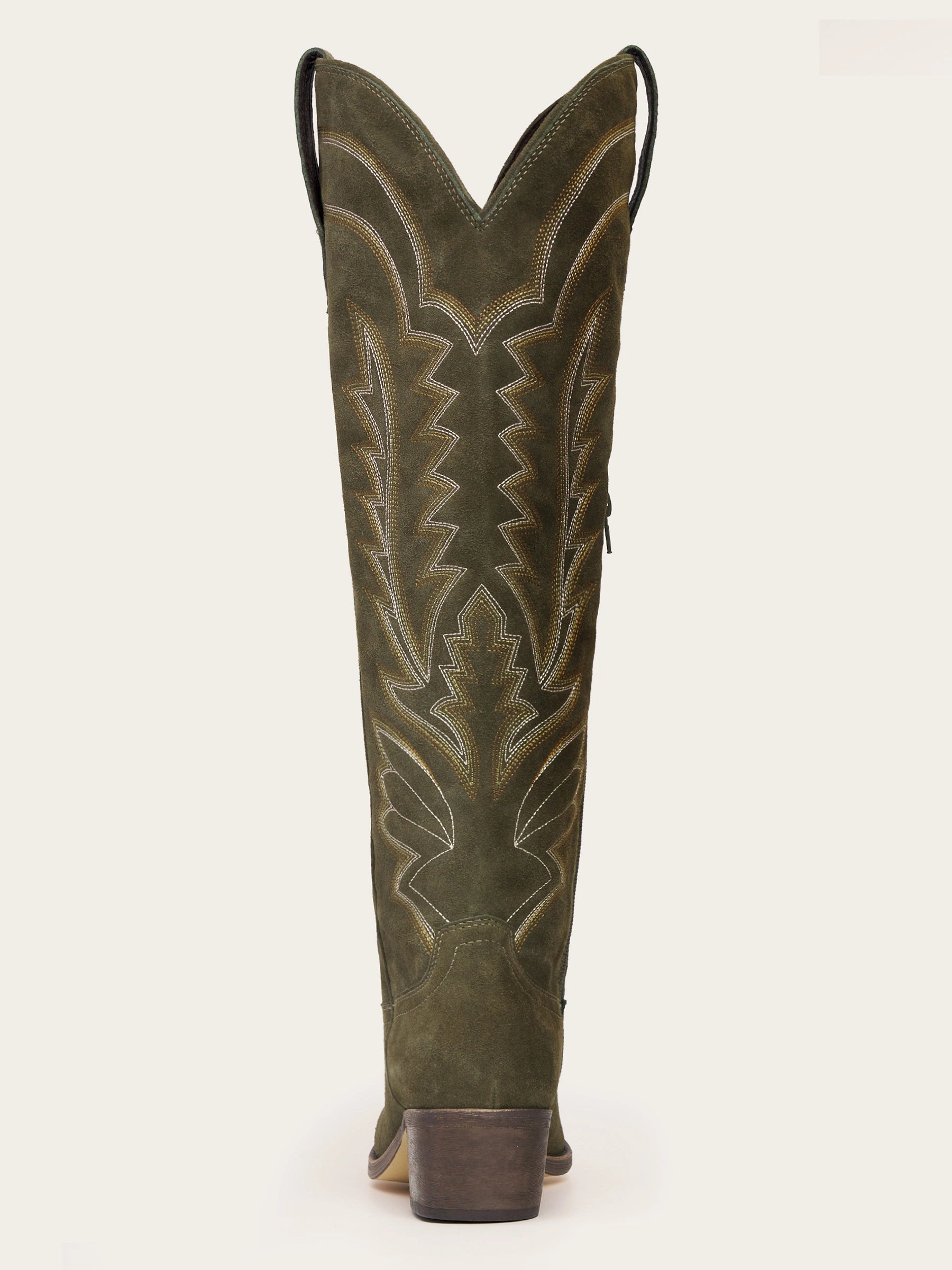 The Legacy: Olive Green Suede-Finish Boots with Intricate Embroidery