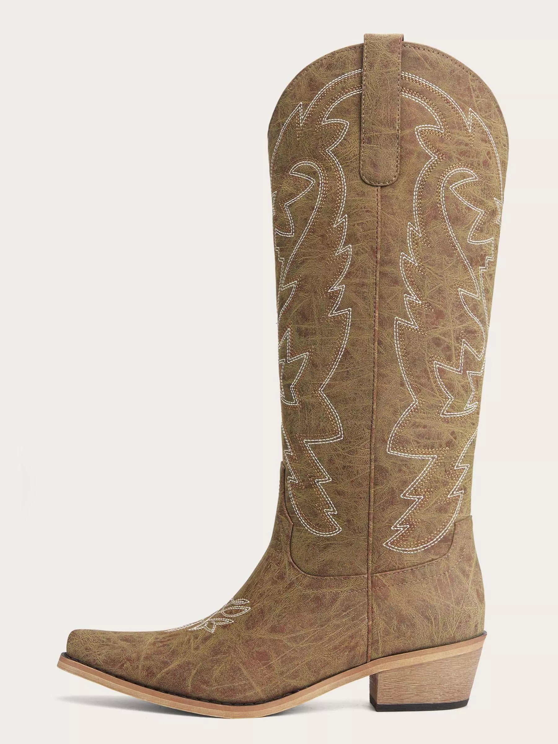 The Aspen: Knee-High Western Boots in Distressed Taupe Brown