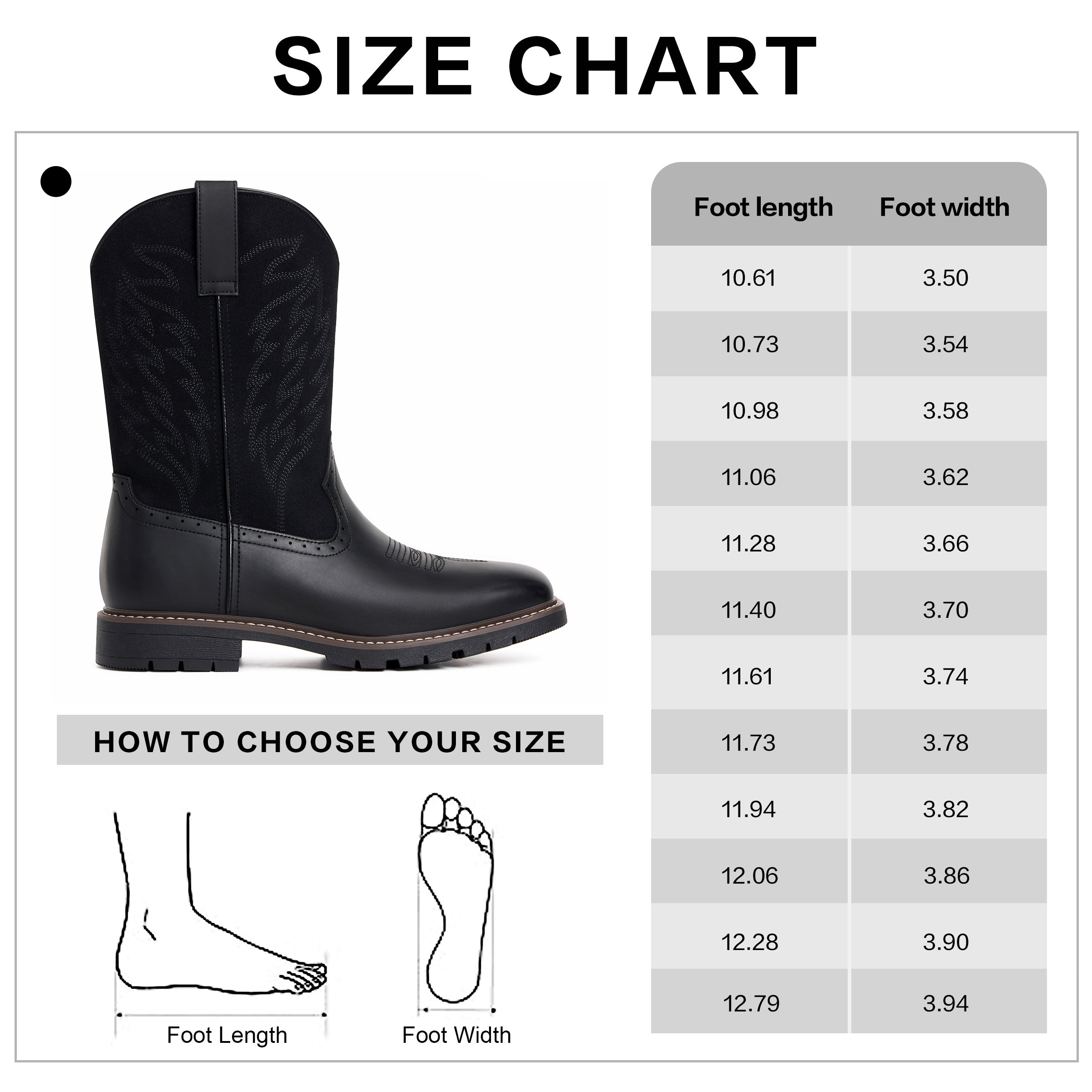 Men's Black Leather & Suede Panel Western Cowboy Boots - Embroidered, Durable Lug Sole