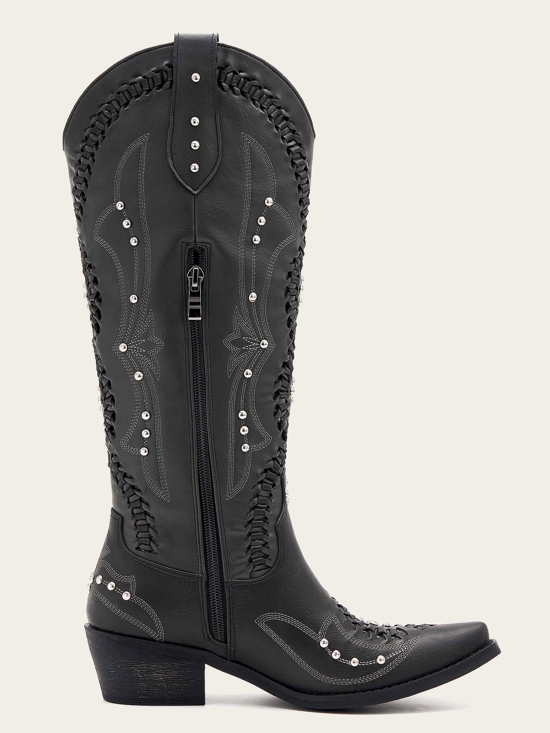 The Renegade: Black Studded Western Boots with Whipstitch Detail