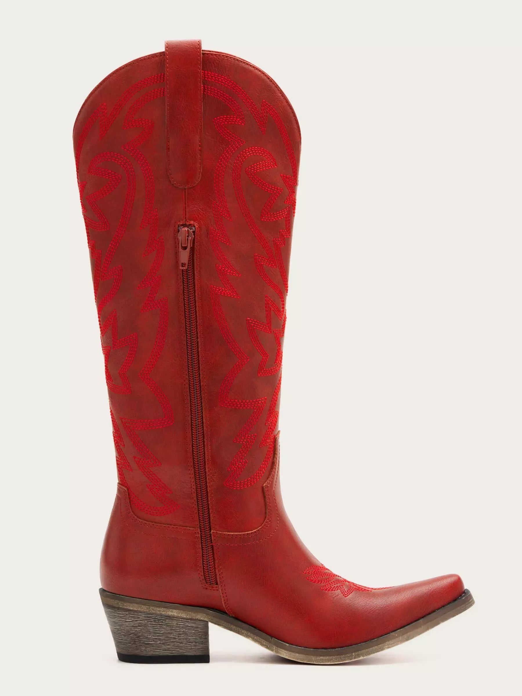 The Aspen: Knee-High Western Boots in Bold Red with Tonal Embroidery