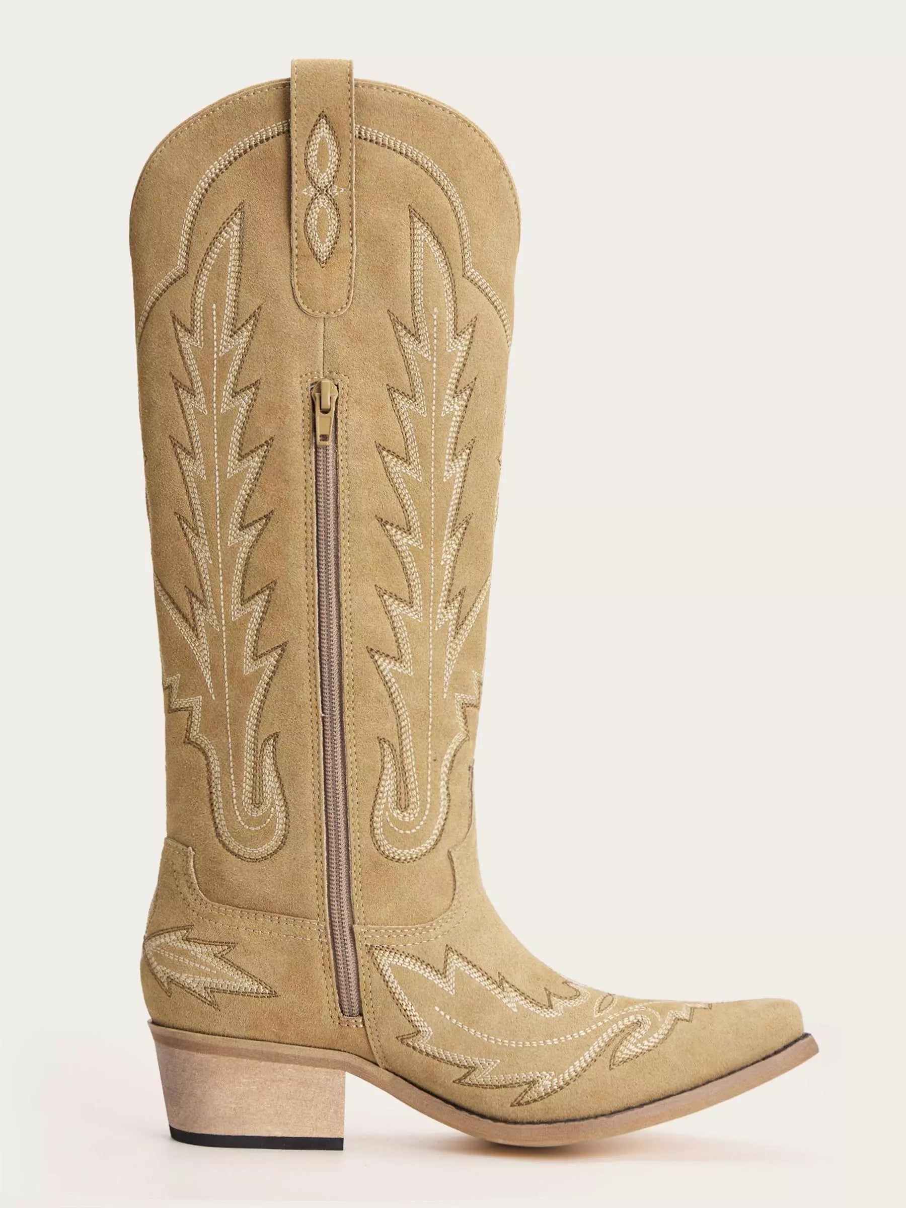 The Electra: Classic Beige Suede Embroidered Western Boots