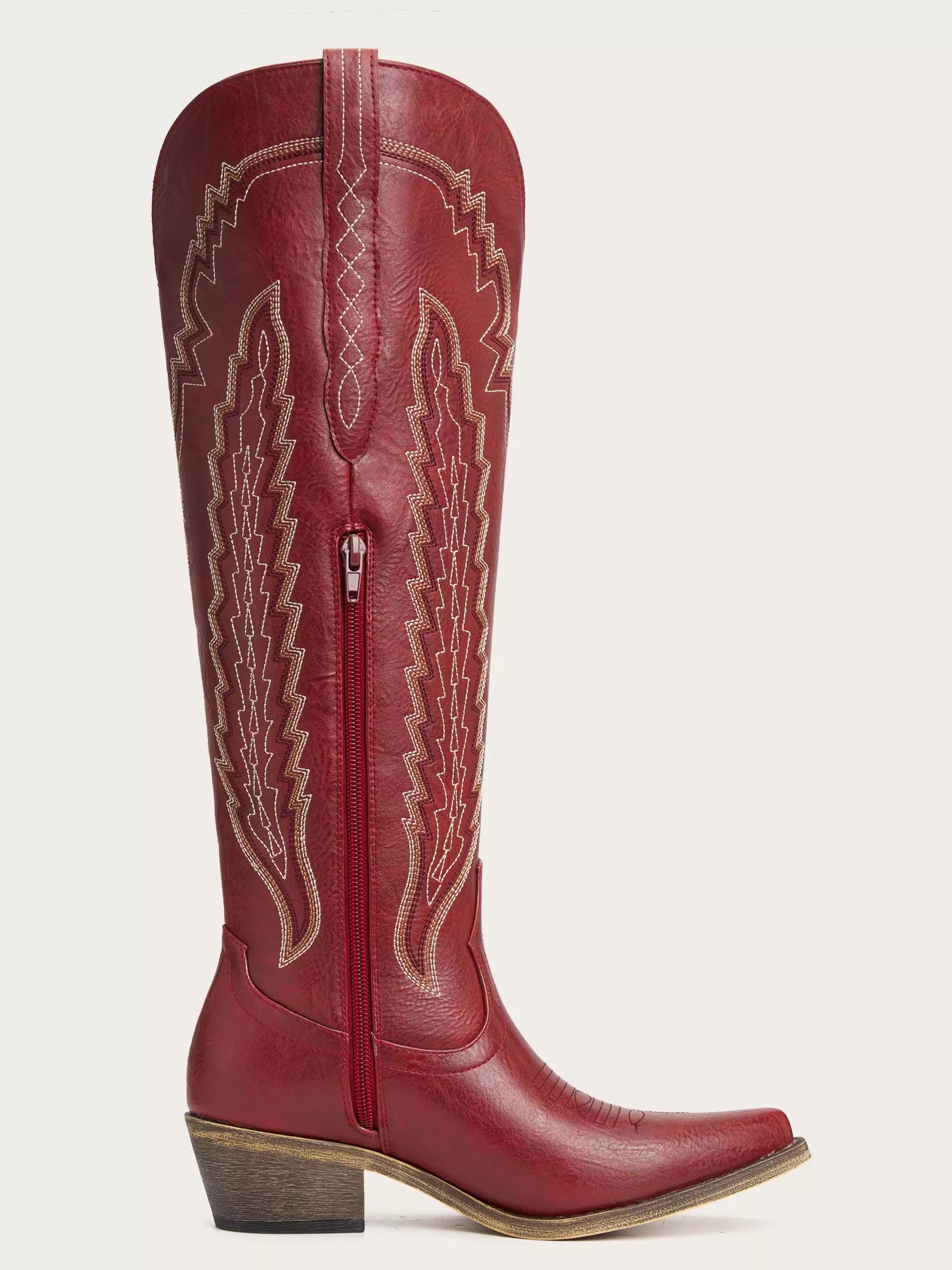The Caliente: Rich Red Boots with Multi-Tonal Zigzag Embroidery