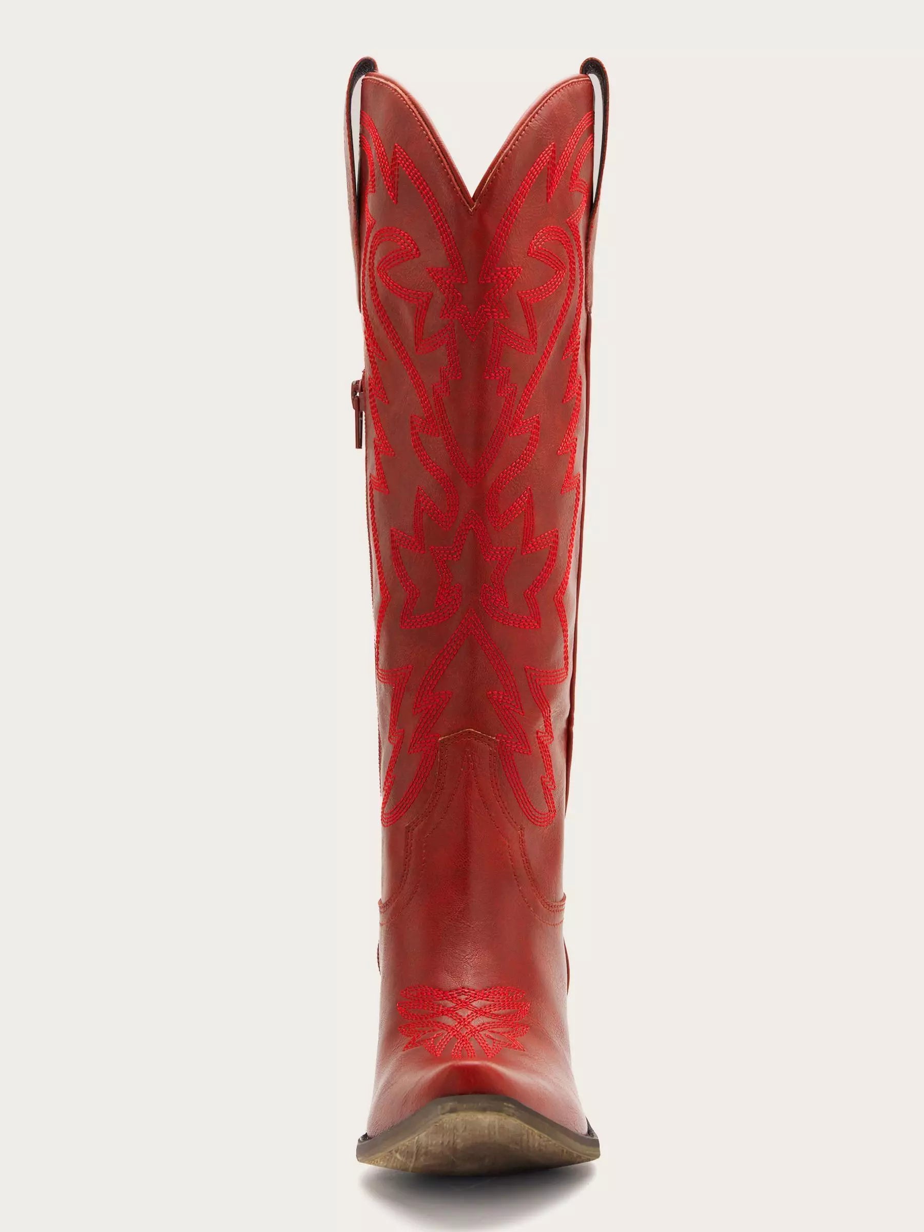 The Aspen: Knee-High Western Boots in Bold Red with Tonal Embroidery