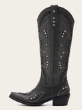 The Renegade: Black Studded Western Boots with Whipstitch Detail