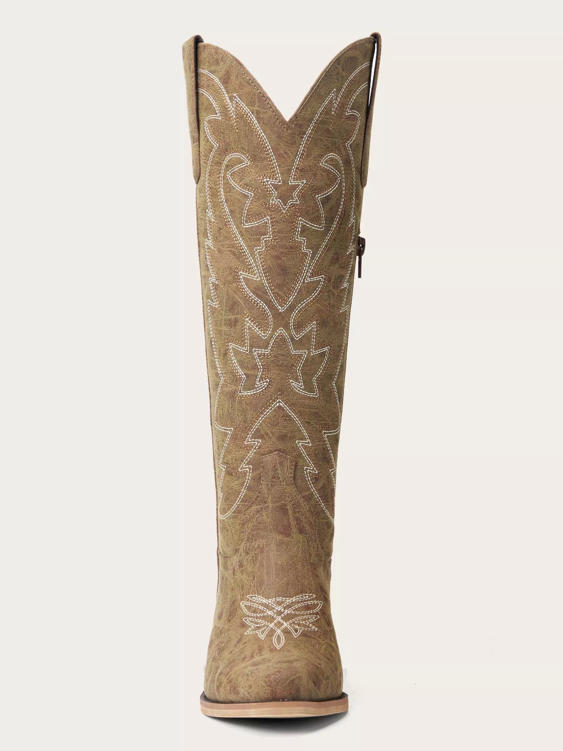 The Aspen: Knee-High Western Boots in Distressed Taupe Brown