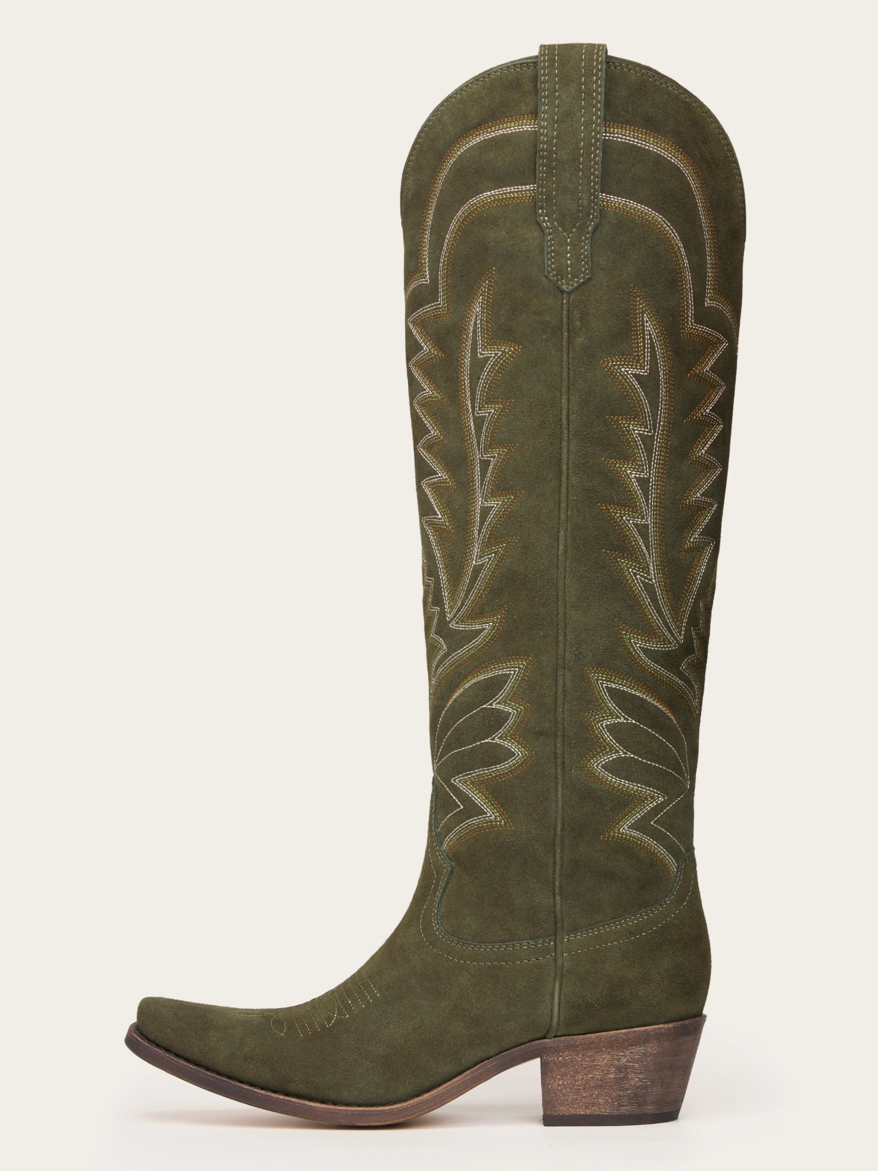 The Legacy: Olive Green Suede-Finish Boots with Intricate Embroidery