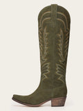 The Legacy: Olive Green Suede-Finish Boots with Intricate Embroidery