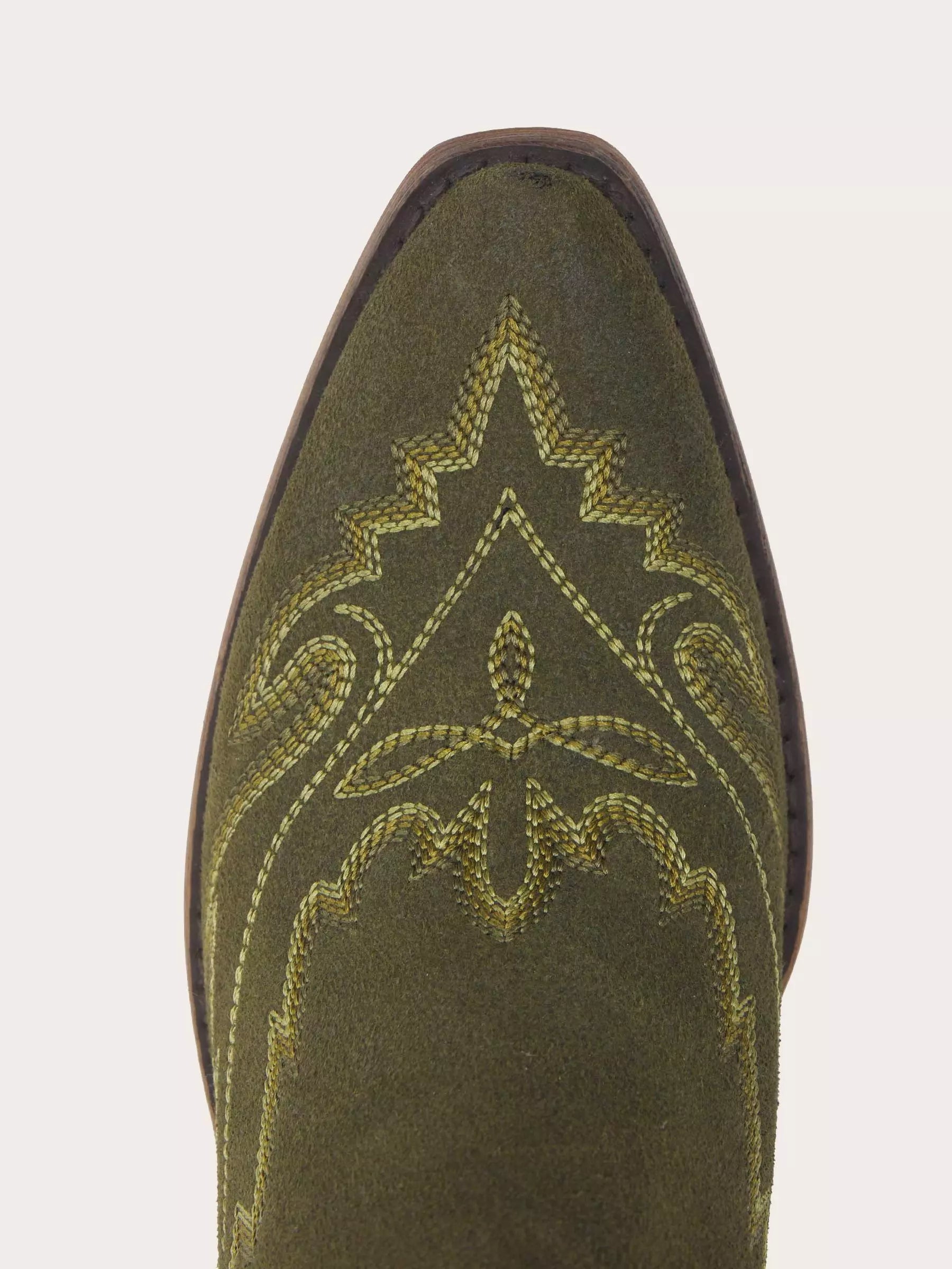 The Electra: Olive Green Suede Embroidered Western Boots