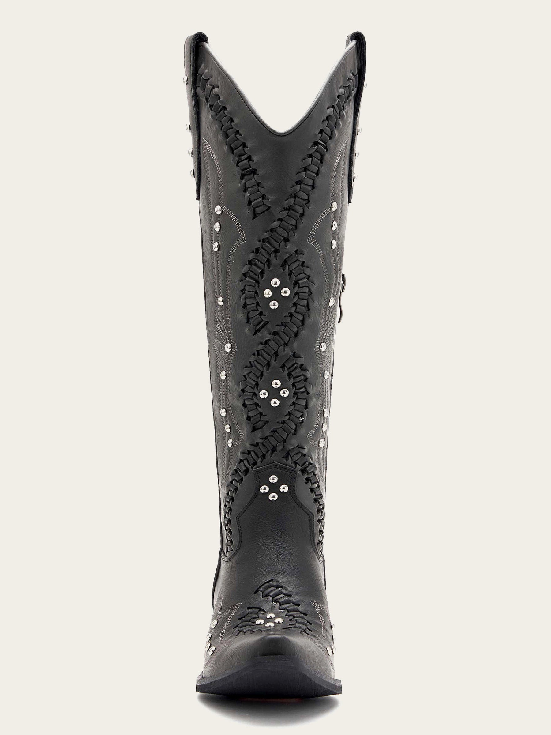 The Renegade: Black Studded Western Boots with Whipstitch Detail