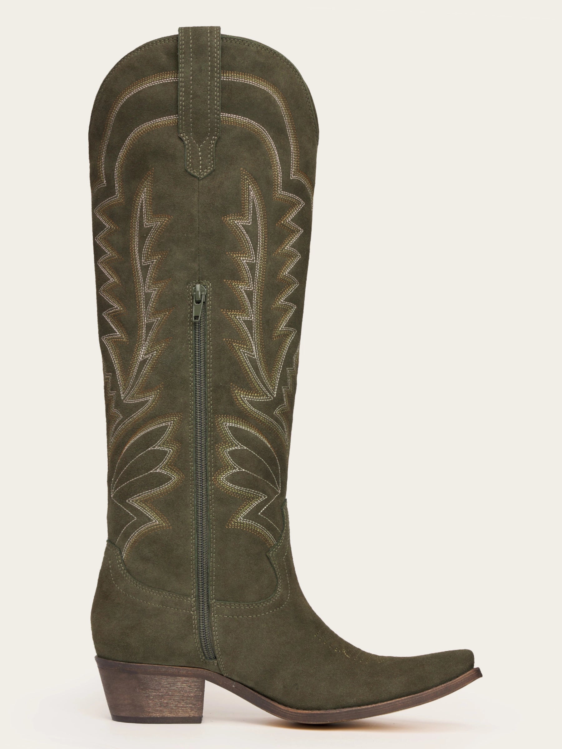 The Legacy: Olive Green Suede-Finish Boots with Intricate Embroidery