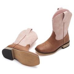 Kids' Brown & Pink Western Embroidered Cowboy Boots