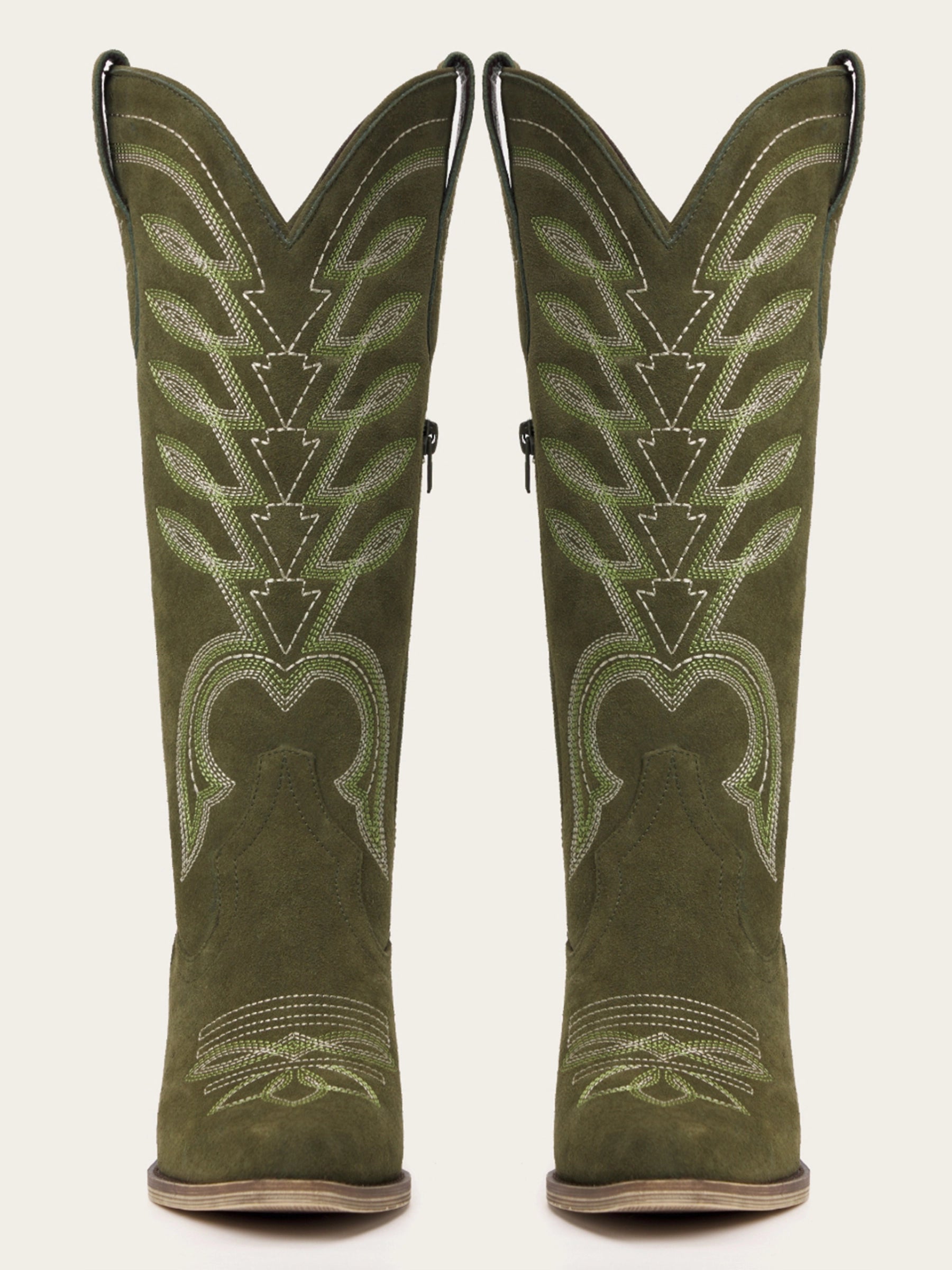 The Meadow: Olive Green Suede Boots with Multi-Tonal Leaf Embroidery