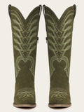 The Meadow: Olive Green Suede Boots with Multi-Tonal Leaf Embroidery
