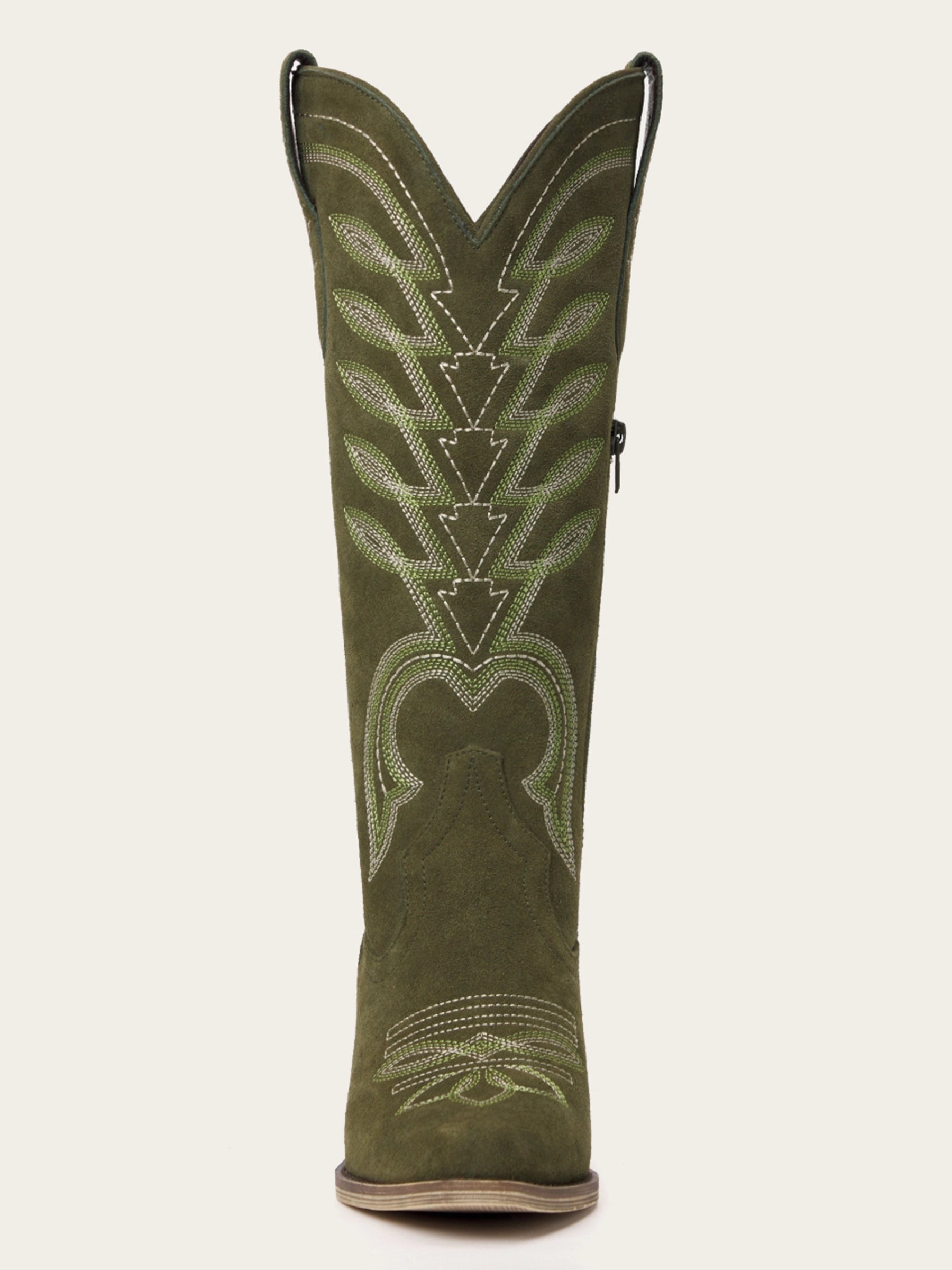 The Meadow: Olive Green Suede Boots with Multi-Tonal Leaf Embroidery